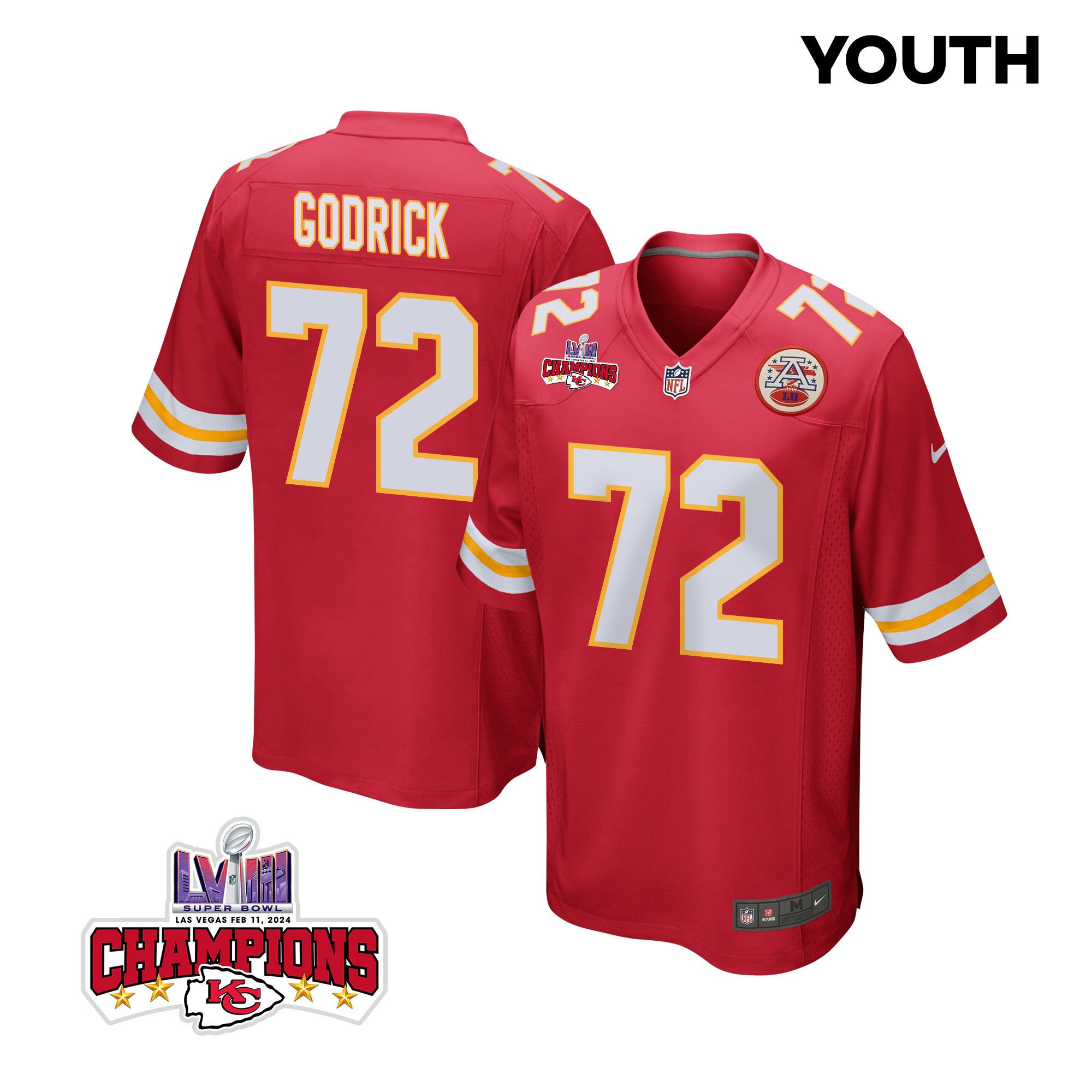 Chukwuebuka Godrick #72 Kansas City Chiefs Super Bowl LVIII Champions 4 Stars Patch Game Jersey - Youth | Red