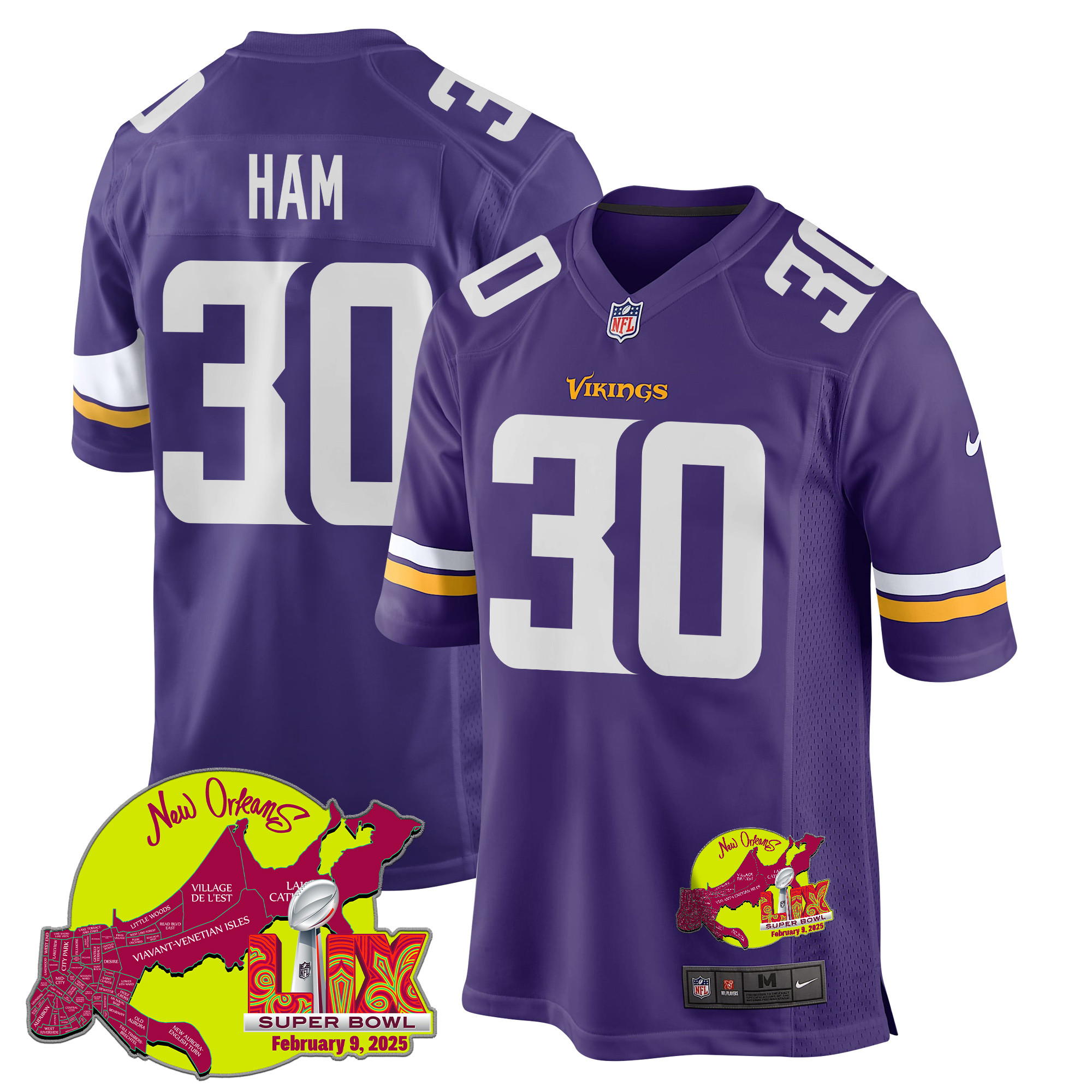 C.J. Ham #30 Minnesota Vikings Super Bowl LIX Game Jersey - Men's | Purple