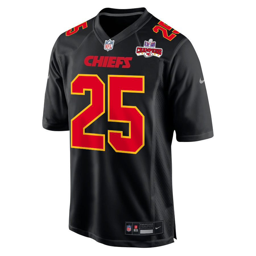 Alternative view of Clyde Edwards-Helaire #25 Kansas City Chiefs Super Bowl LVIII Champions 4 Stars Patch Game Jersey - Men's | Carbon Black