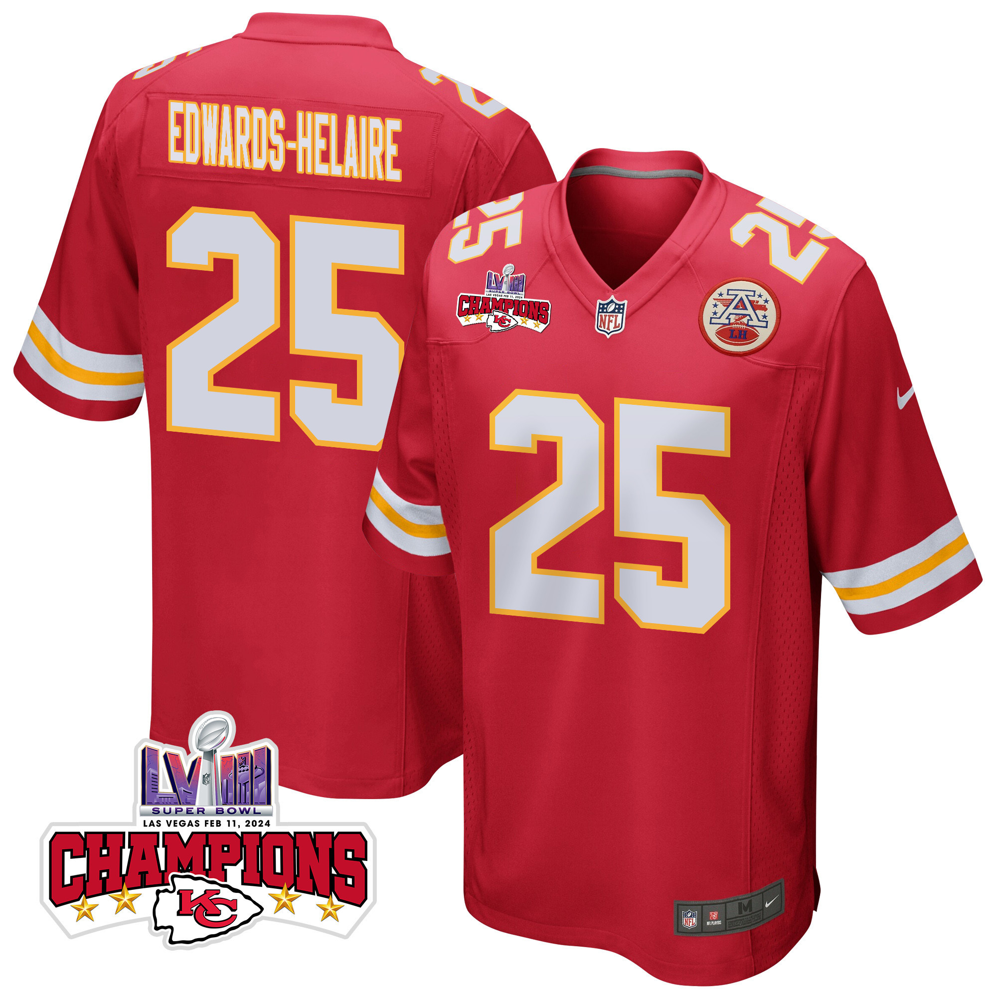 Clyde Edwards-Helaire #25 Kansas City Chiefs Super Bowl LVIII Champions 4 Stars Patch Game Jersey - Men's | Red