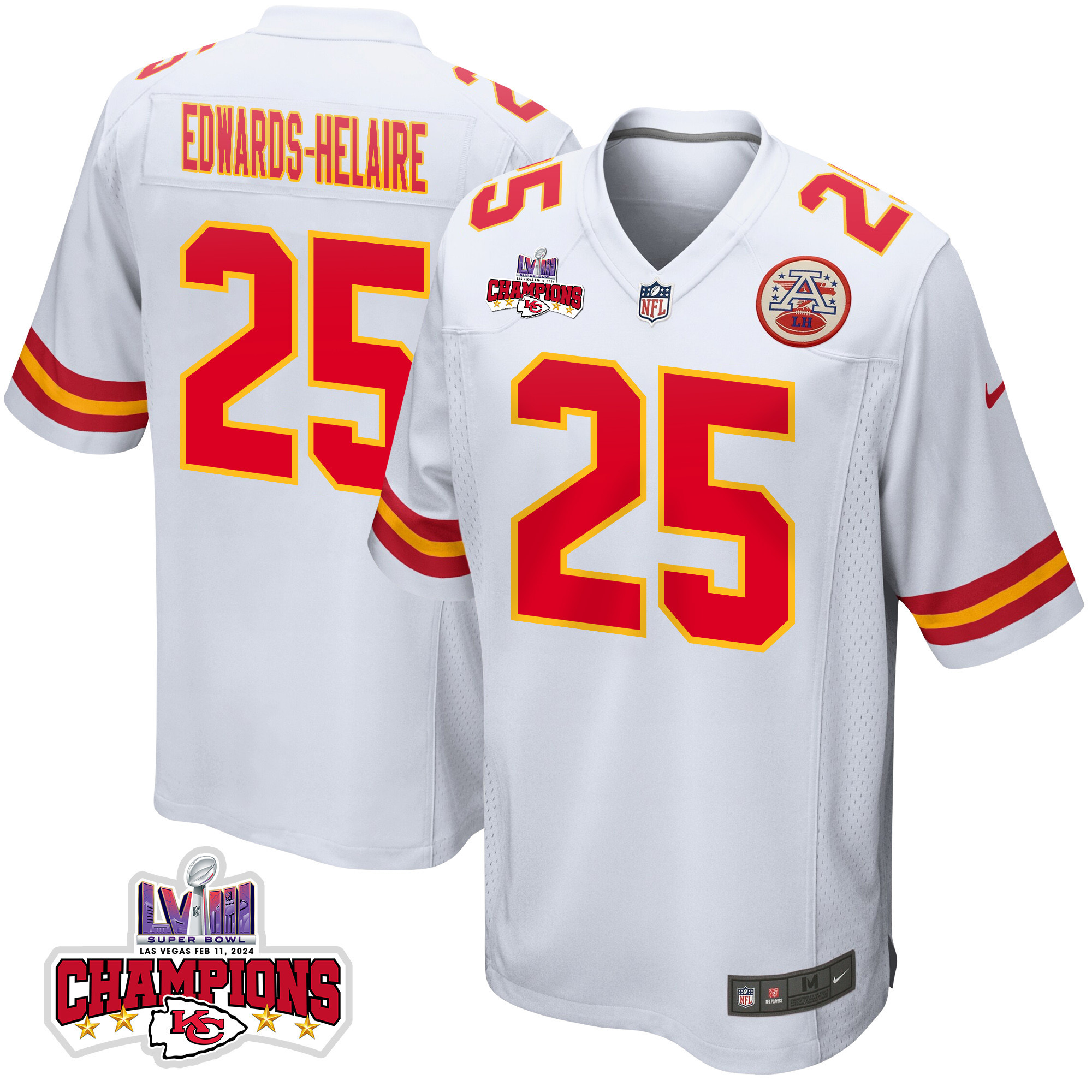 Clyde Edwards-Helaire #25 Kansas City Chiefs Super Bowl LVIII Champions 4 Stars Patch Game Jersey - Men's | White