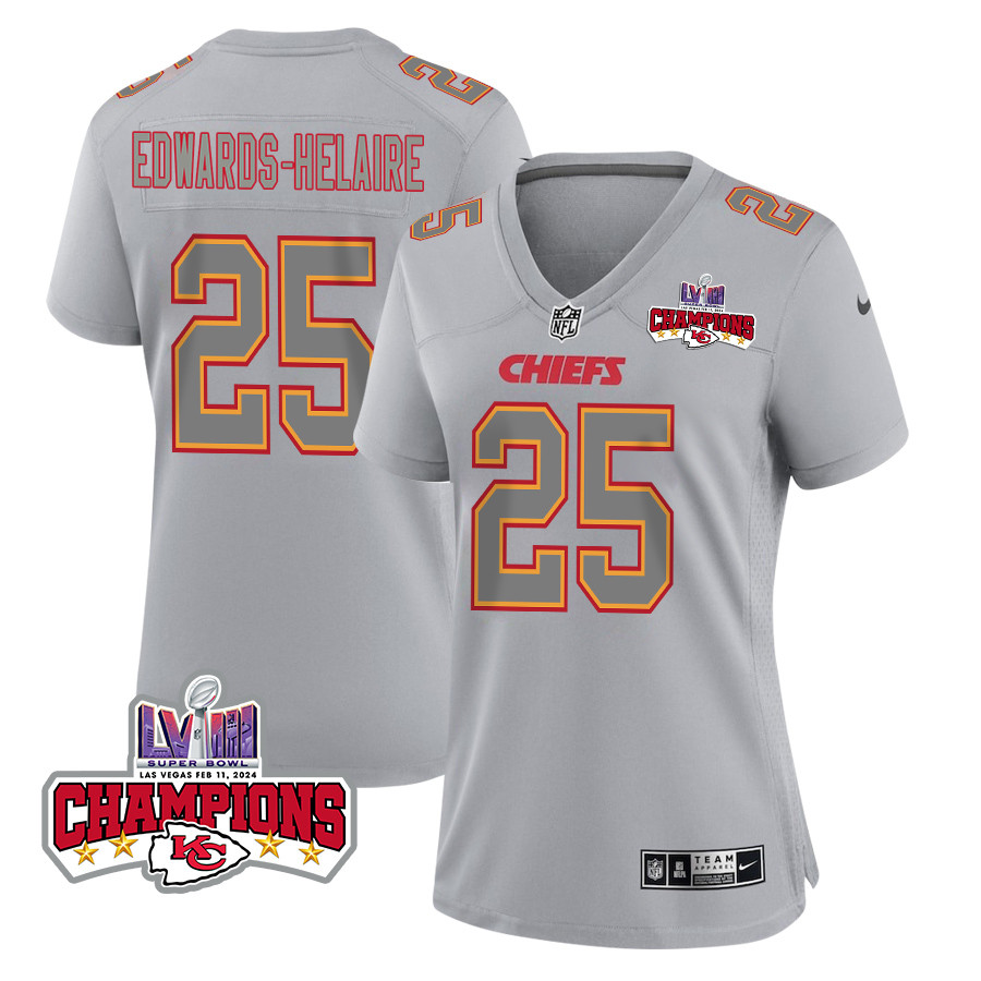 Clyde Edwards-Helaire #25 Kansas City Chiefs Super Bowl LVIII Champions 4 Stars Patch Game Jersey - Women's | Gray