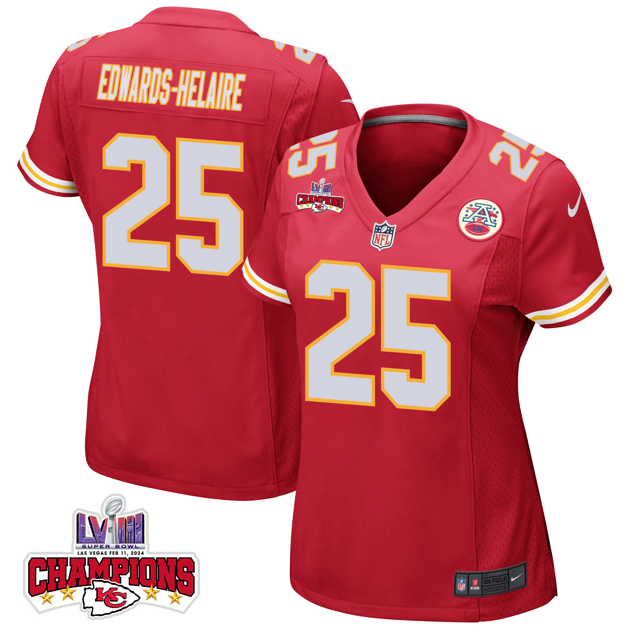 Clyde Edwards-Helaire #25 Kansas City Chiefs Super Bowl LVIII Champions 4 Stars Patch Game Jersey - Women's | Red