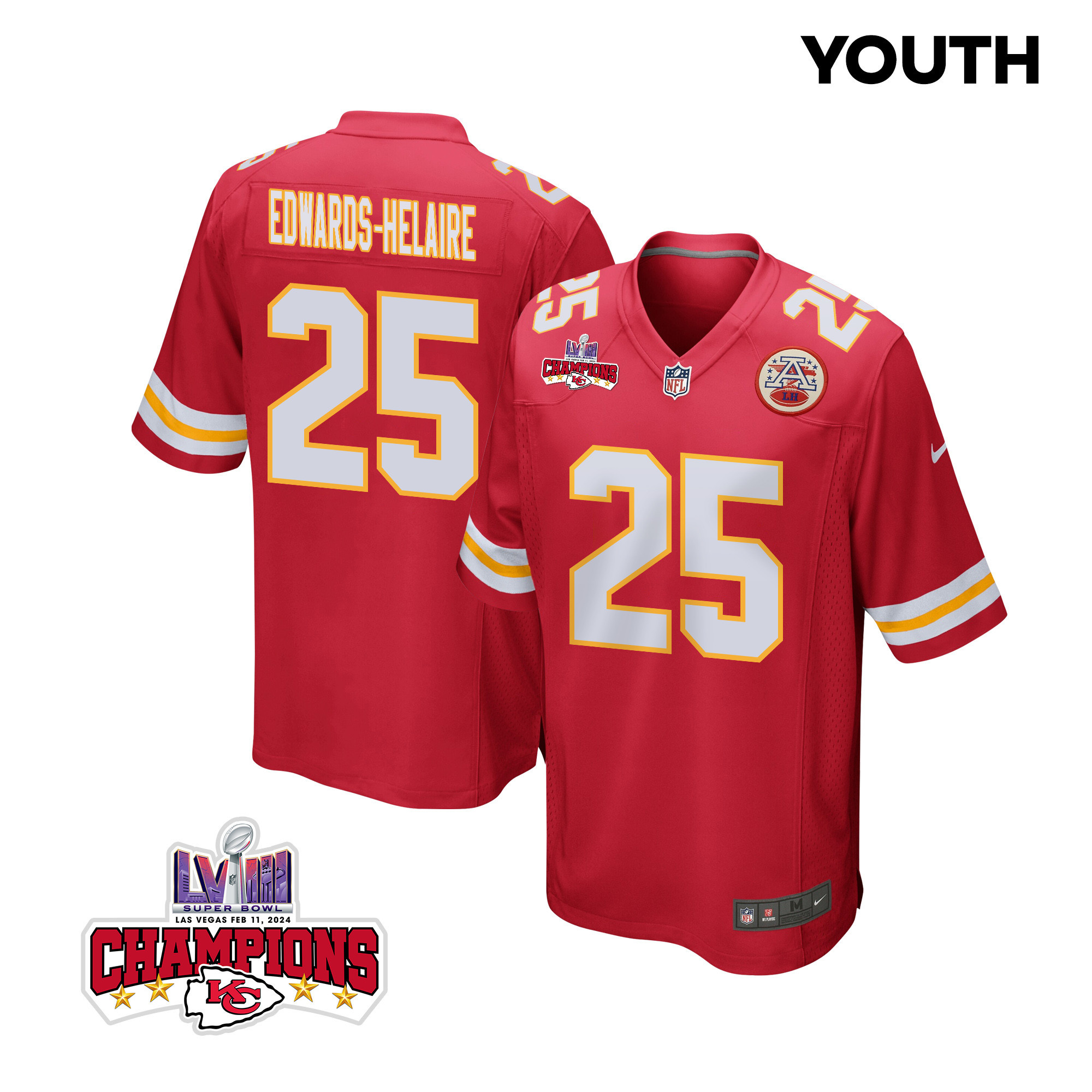 Clyde Edwards-Helaire #25 Kansas City Chiefs Super Bowl LVIII Champions 4 Stars Patch Game Jersey - Youth | Red