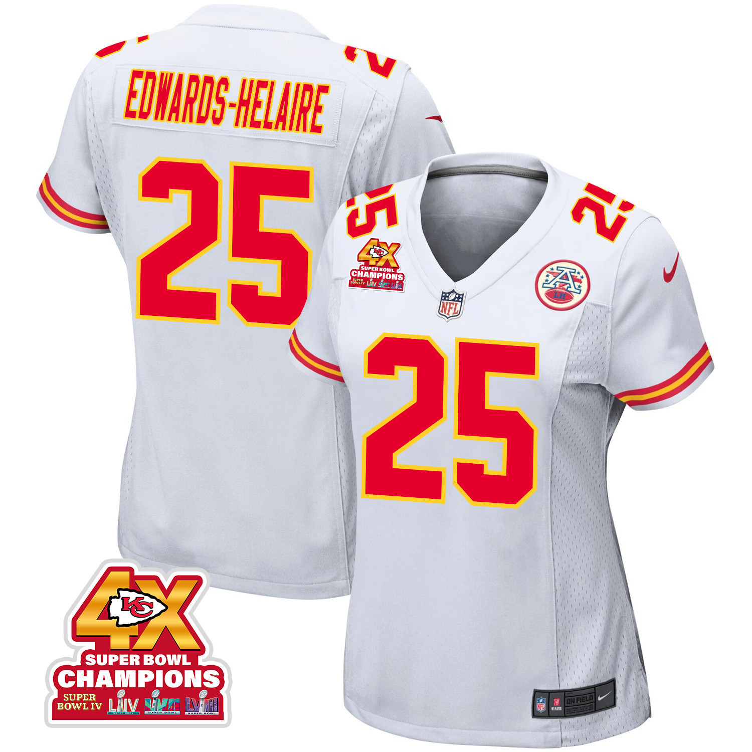 Clyde Edwards-Helaire #25 Kansas City Chiefs Super Bowl LVIII Champions 4X Game Jersey - Women's | White