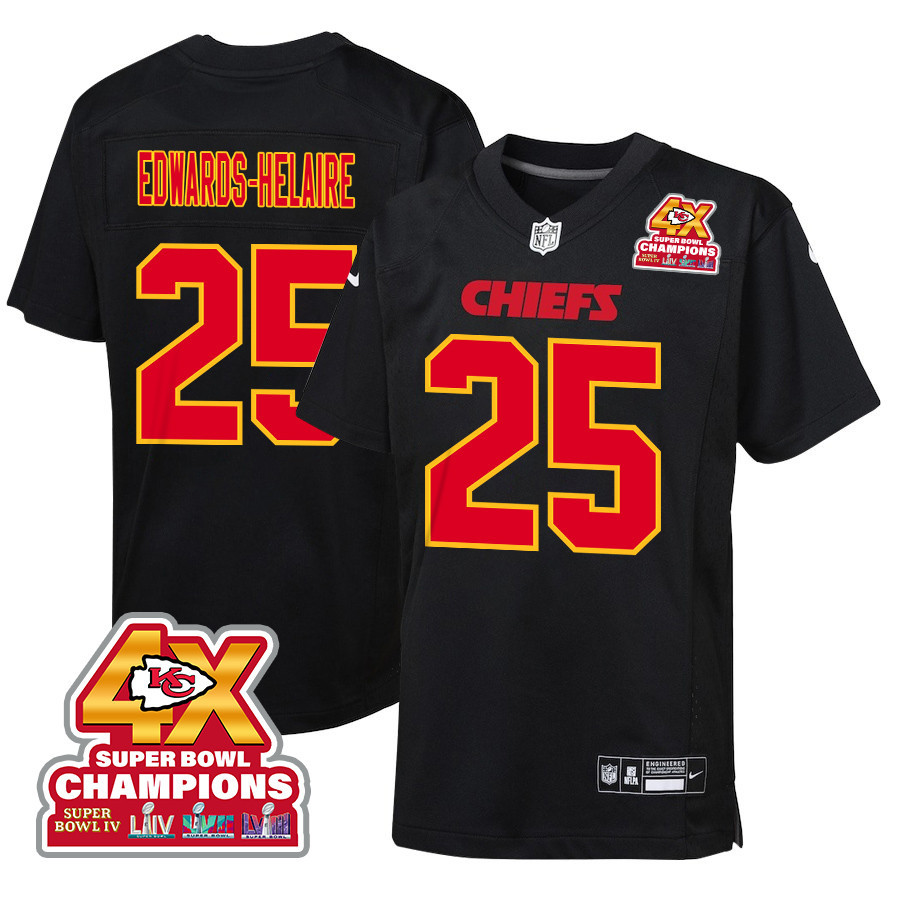 Clyde Edwards-Helaire #25 Kansas City Chiefs Super Bowl LVIII Champions 4X Game Jersey - Youth | Carbon Black