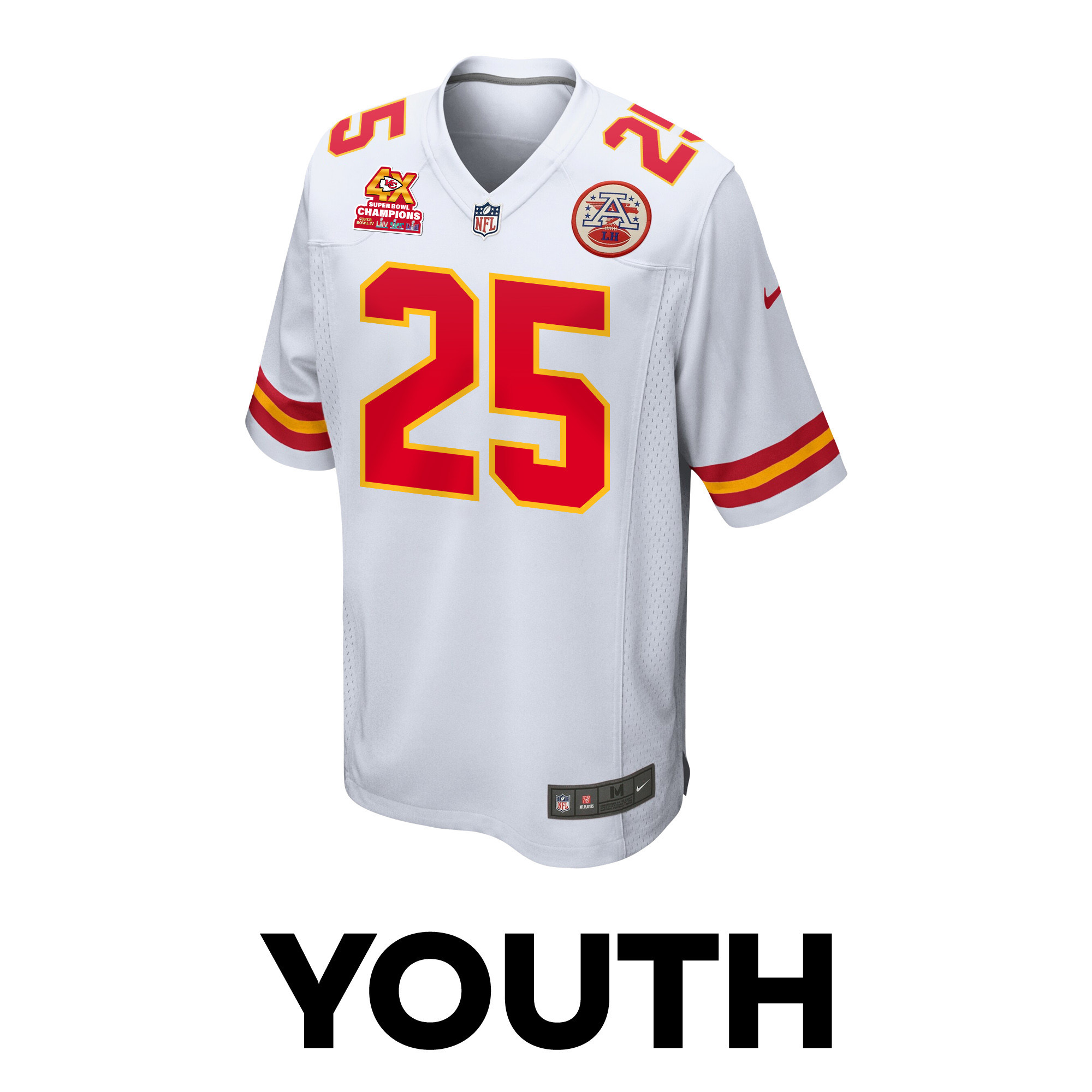 Alternative view of Clyde Edwards-Helaire #25 Kansas City Chiefs Super Bowl LVIII Champions 4X Game Jersey - Youth | White
