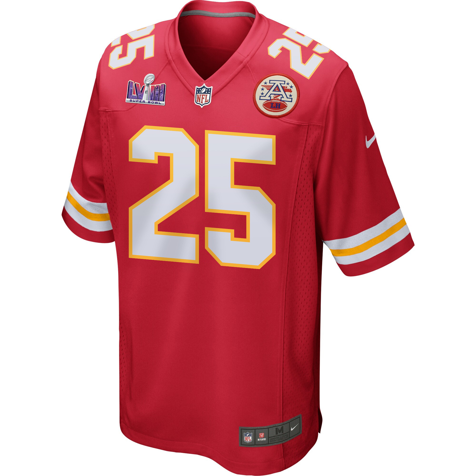 Alternative view of Clyde Edwards-Helaire #25 Kansas City Chiefs Super Bowl LVIII Patch Game Jersey - Men's | Red