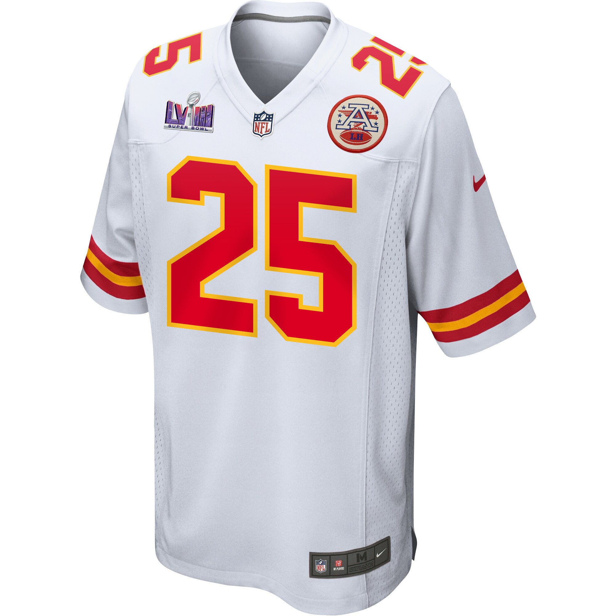 Alternative view of Clyde Edwards-Helaire #25 Kansas City Chiefs Super Bowl LVIII Patch Game Jersey - Men's | White