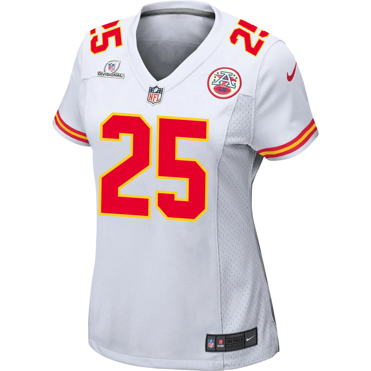 Alternative view of Clyde Edwards-Helaire #25 Kansas City Chiefs Super Bowl LVIII Patch Game Jersey - Women's | White