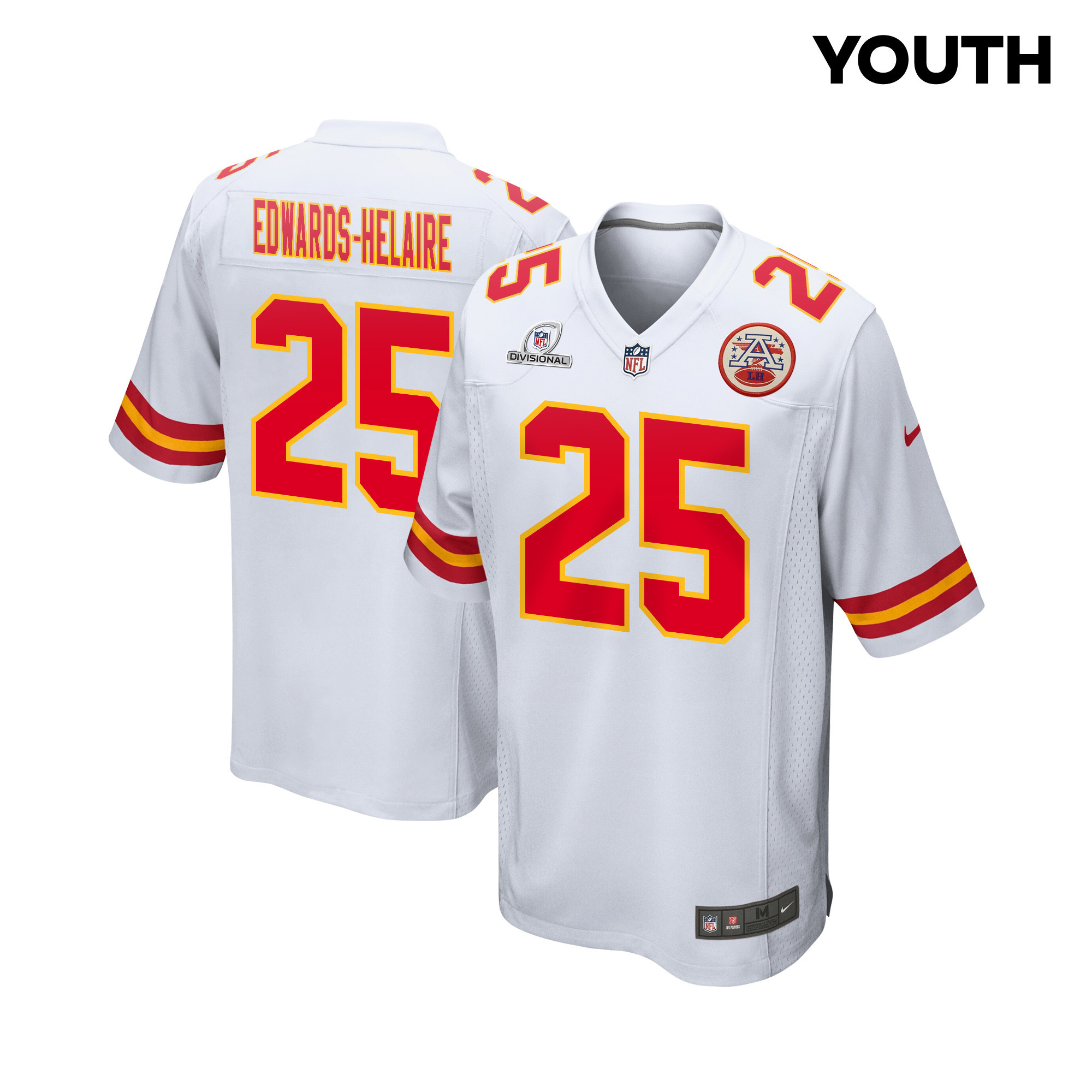 Clyde Edwards-Helaire #25 Kansas City Chiefs Super Bowl LVIII Patch Game Jersey - Youth | White
