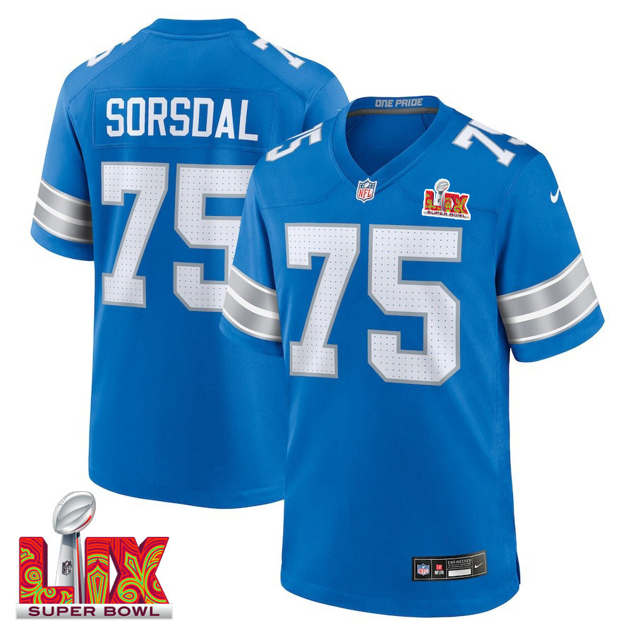 Colby Sorsdal #75 Detroit Lions Super Bowl LIX Game Jersey - Youth | Blue