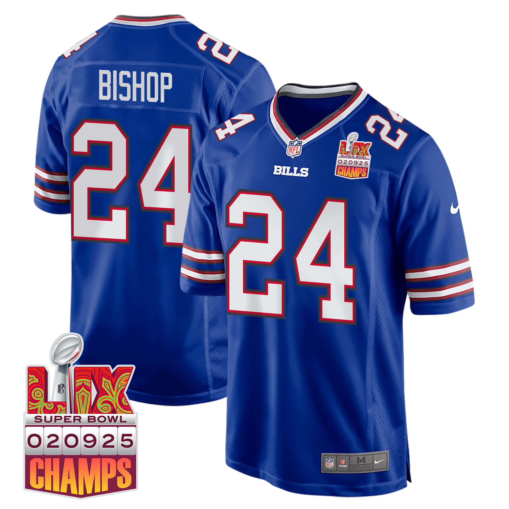 Cole Bishop #24 Buffalo Bills Super Bowl LIX Champions Patch Game Jersey - Men's | Royal