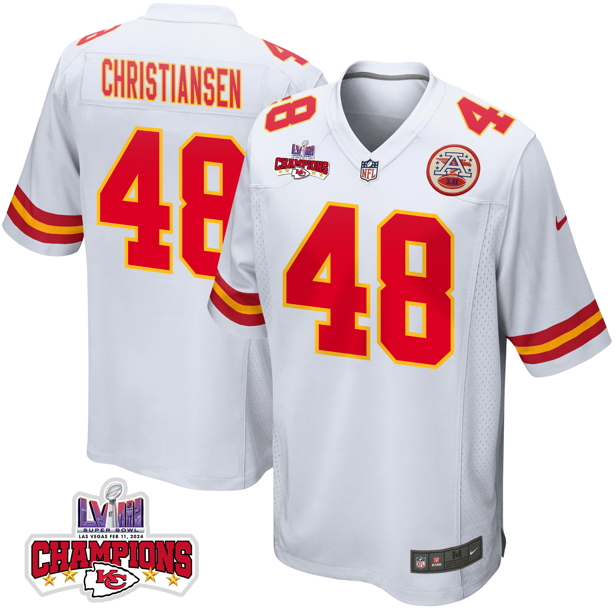 Cole Christiansen #48 Kansas City Chiefs Super Bowl LVIII Champions 4 Stars Patch Game Jersey - Men's | White