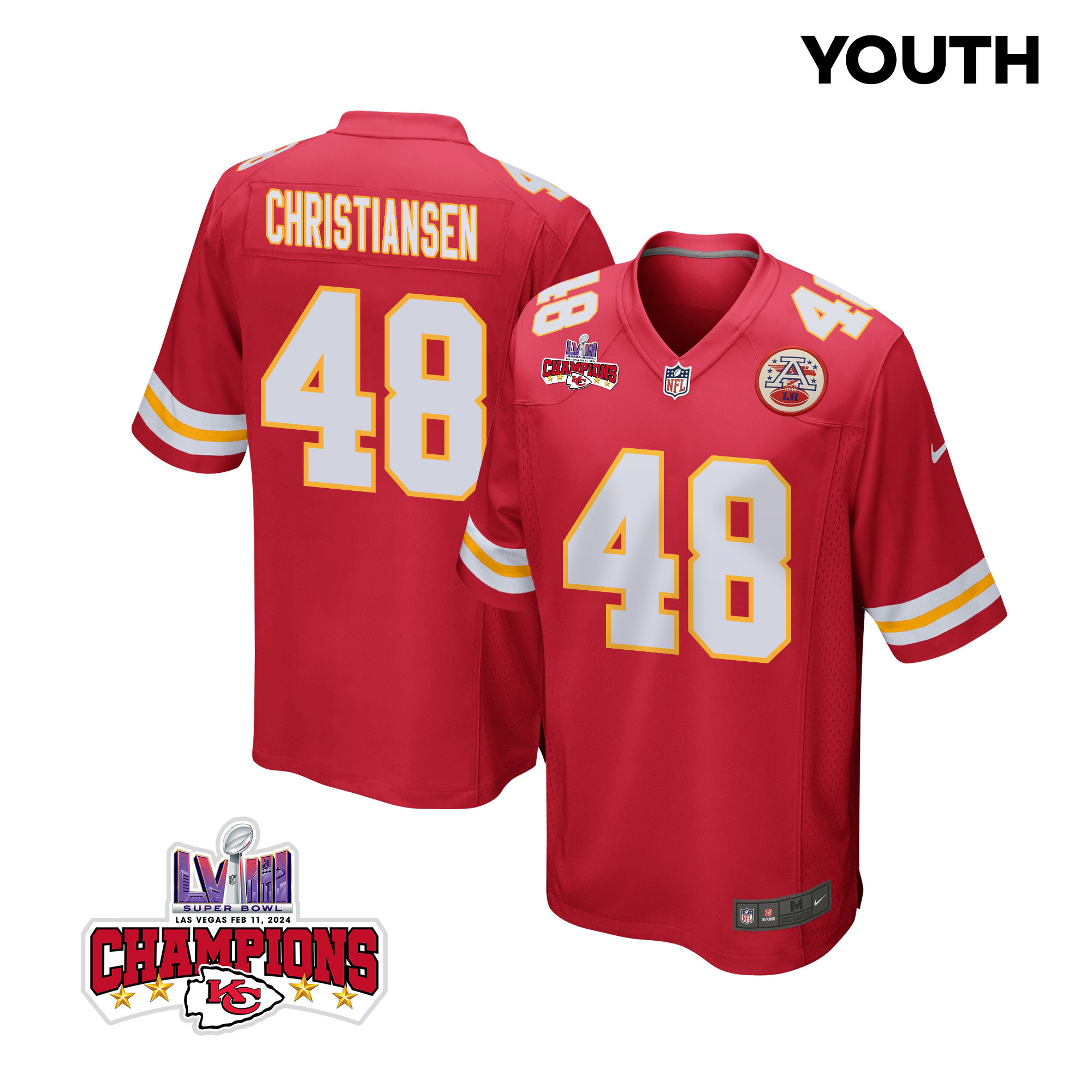 Cole Christiansen #48 Kansas City Chiefs Super Bowl LVIII Champions 4 Stars Patch Game Jersey - Youth | Red