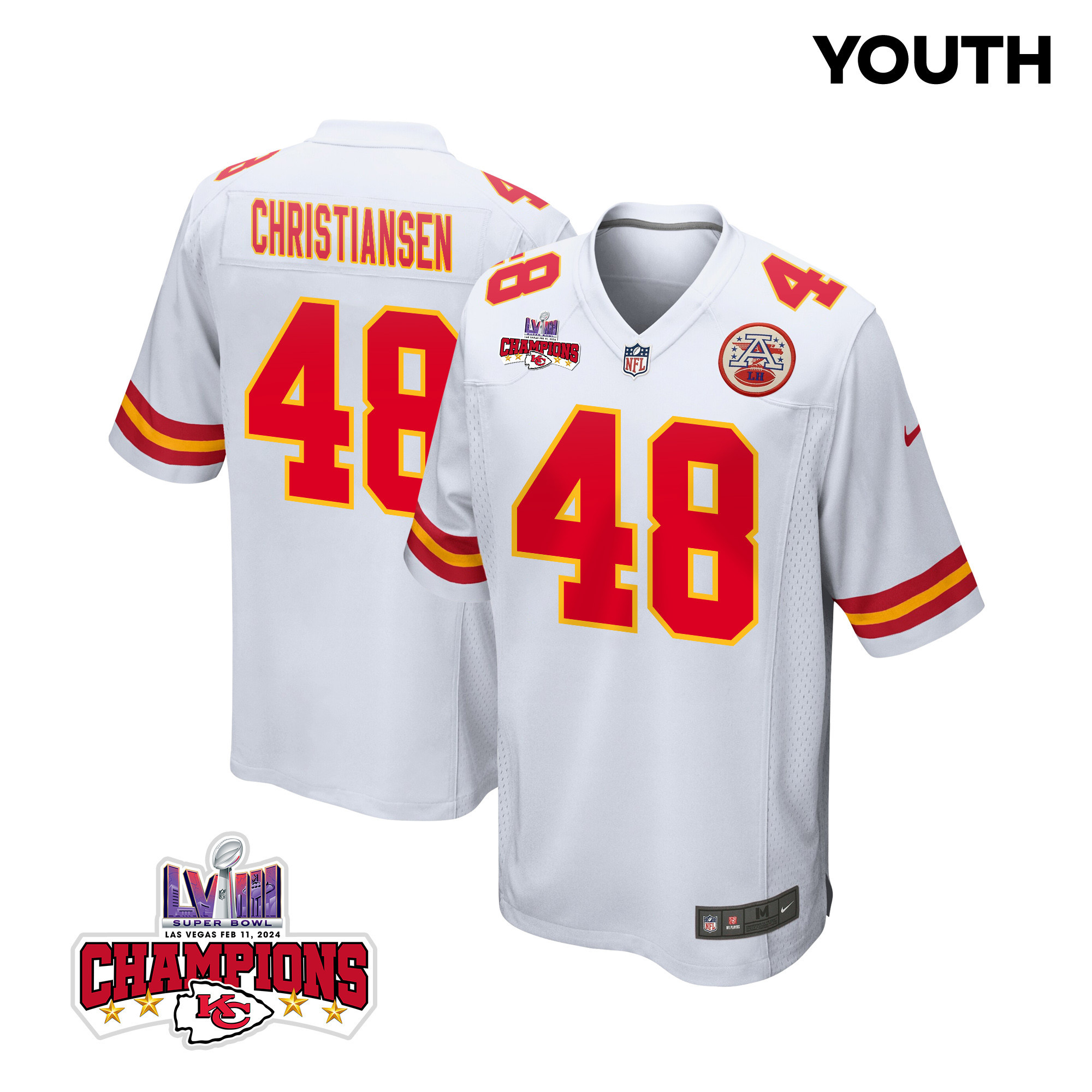 Cole Christiansen #48 Kansas City Chiefs Super Bowl LVIII Champions 4 Stars Patch Game Jersey - Youth | White