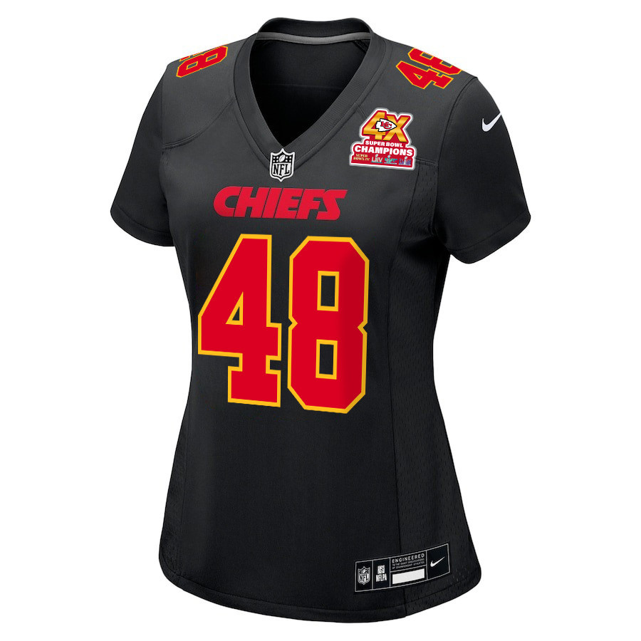 Alternative view of Cole Christiansen #48 Kansas City Chiefs Super Bowl LVIII Champions 4X Game Jersey - Women's | Carbon Black