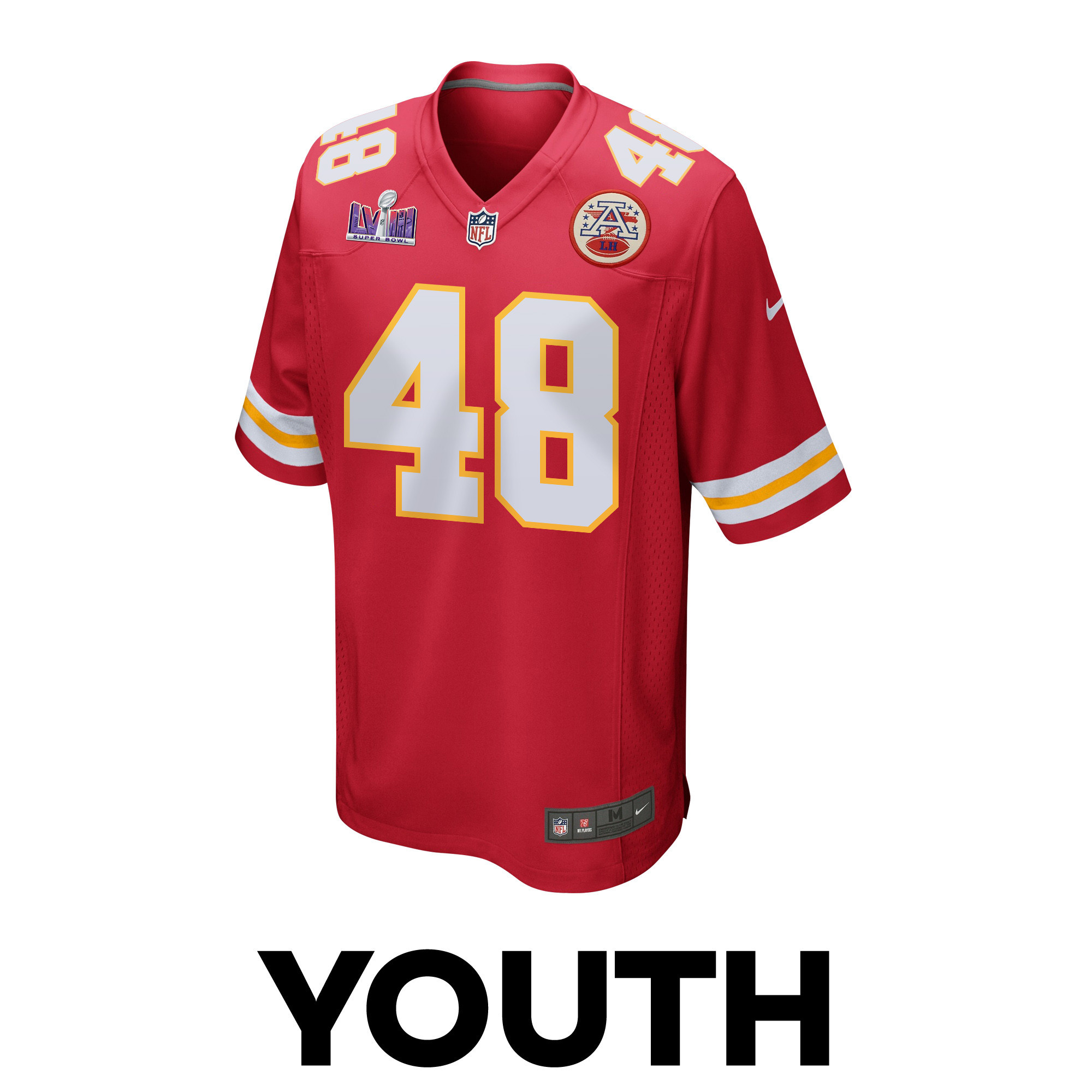 Alternative view of Cole Christiansen #48 Kansas City Chiefs Super Bowl LVIII Patch Game Jersey - Youth | Red