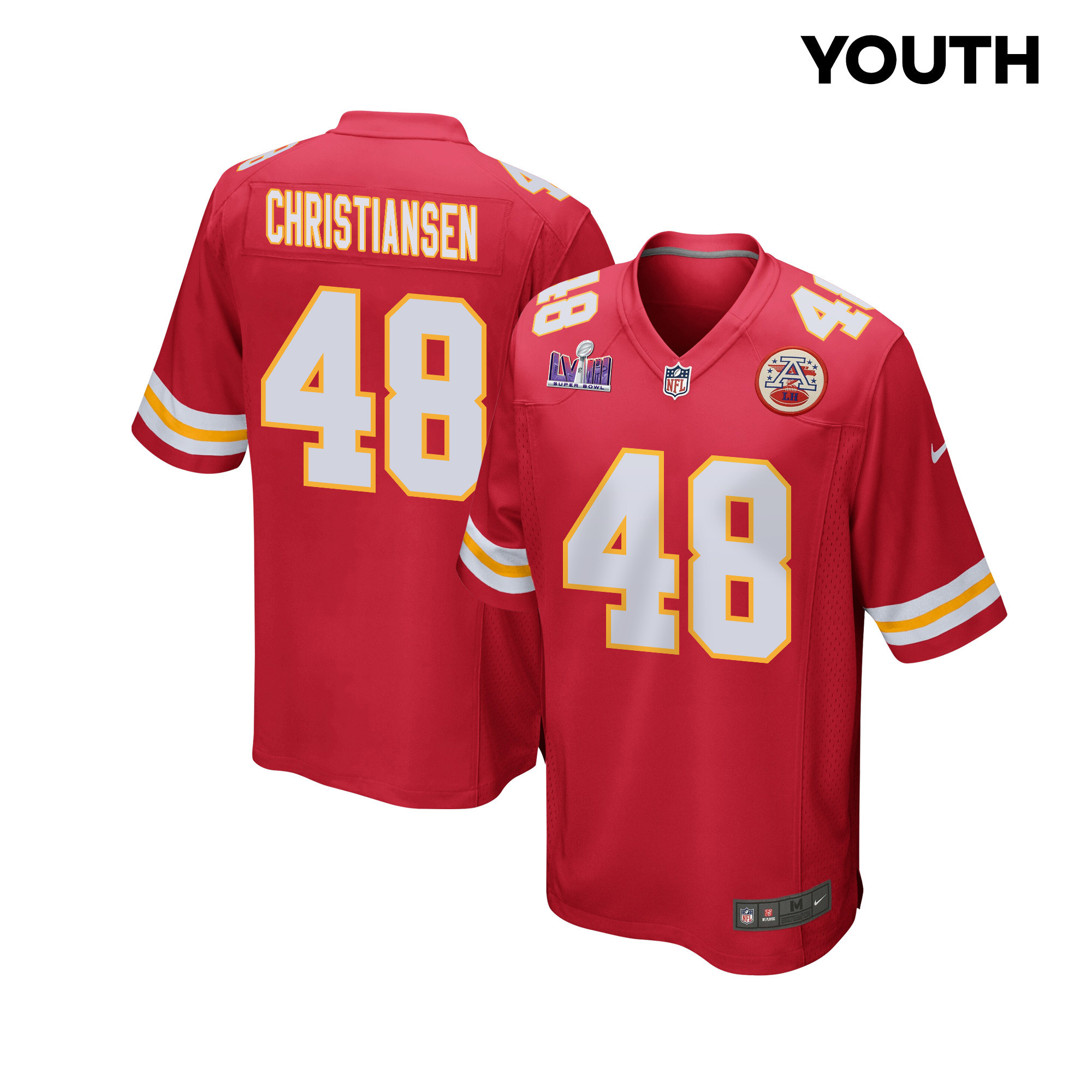 Cole Christiansen #48 Kansas City Chiefs Super Bowl LVIII Patch Game Jersey - Youth | Red