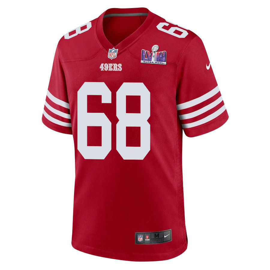 Alternative view of Colton McKivitz #68 San Francisco 49ers Super Bowl LVIII Patch Game Jersey - Men's | Scarlet