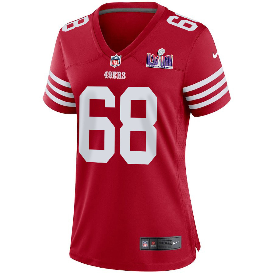 Alternative view of Colton McKivitz #68 San Francisco 49ers Super Bowl LVIII Patch Game Jersey - Women's | Scarlet
