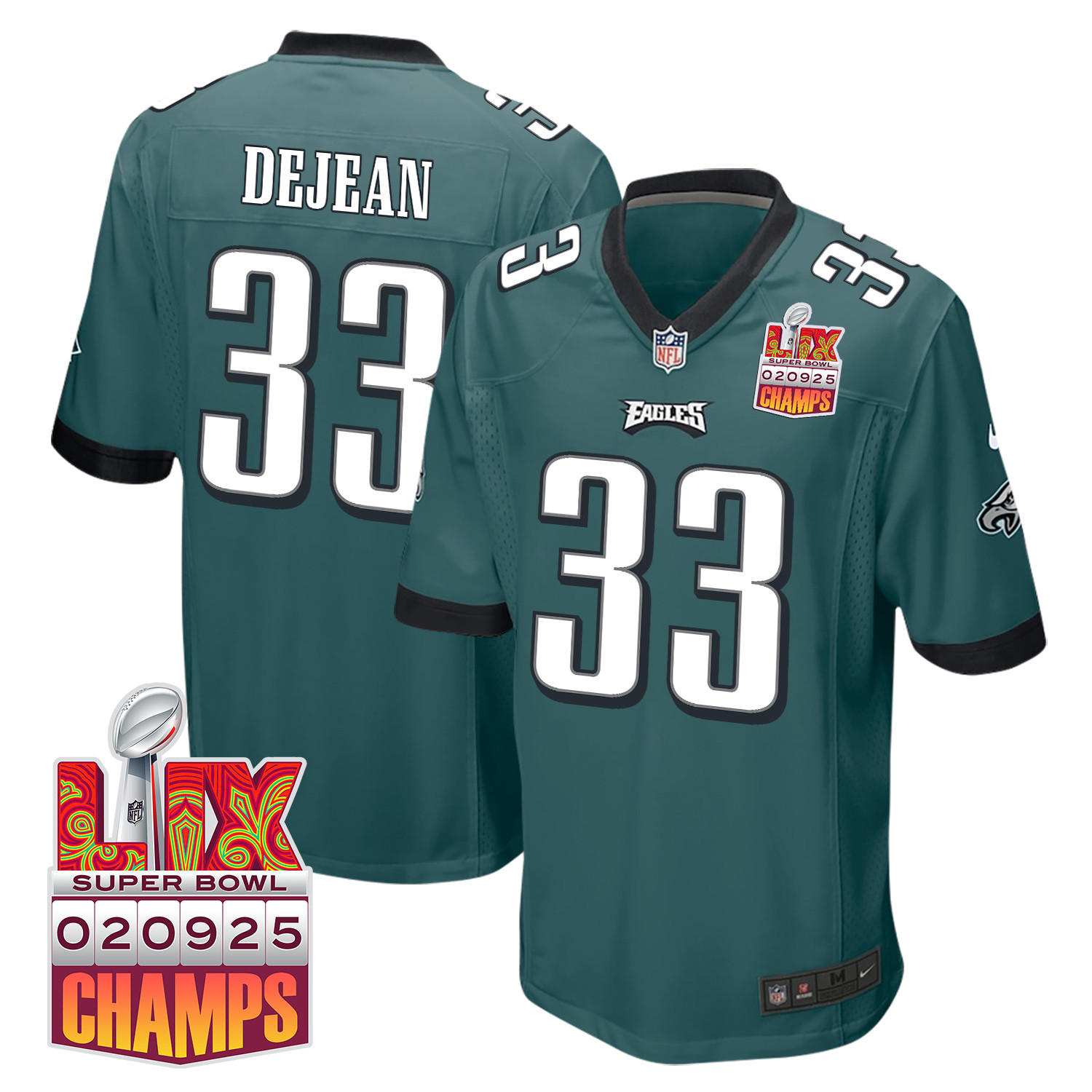 Cooper DeJean #33 Philadelphia Eagles Super Bowl LIX Champions Patch Game Jersey - Men's | Midnight Green