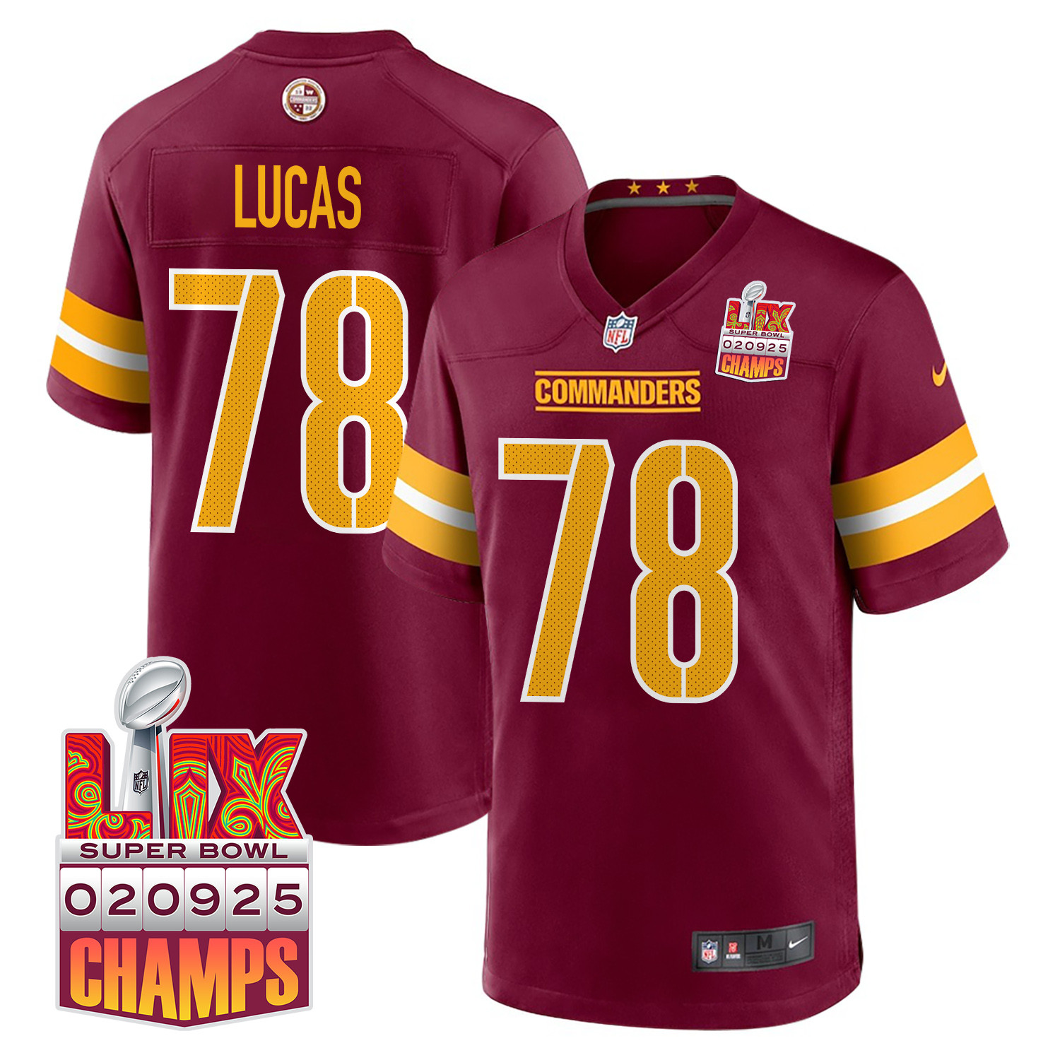 Cornelius Lucas #78 Washington Commanders Super Bowl LIX Champions Patch Game Jersey - Men's | Burgundy