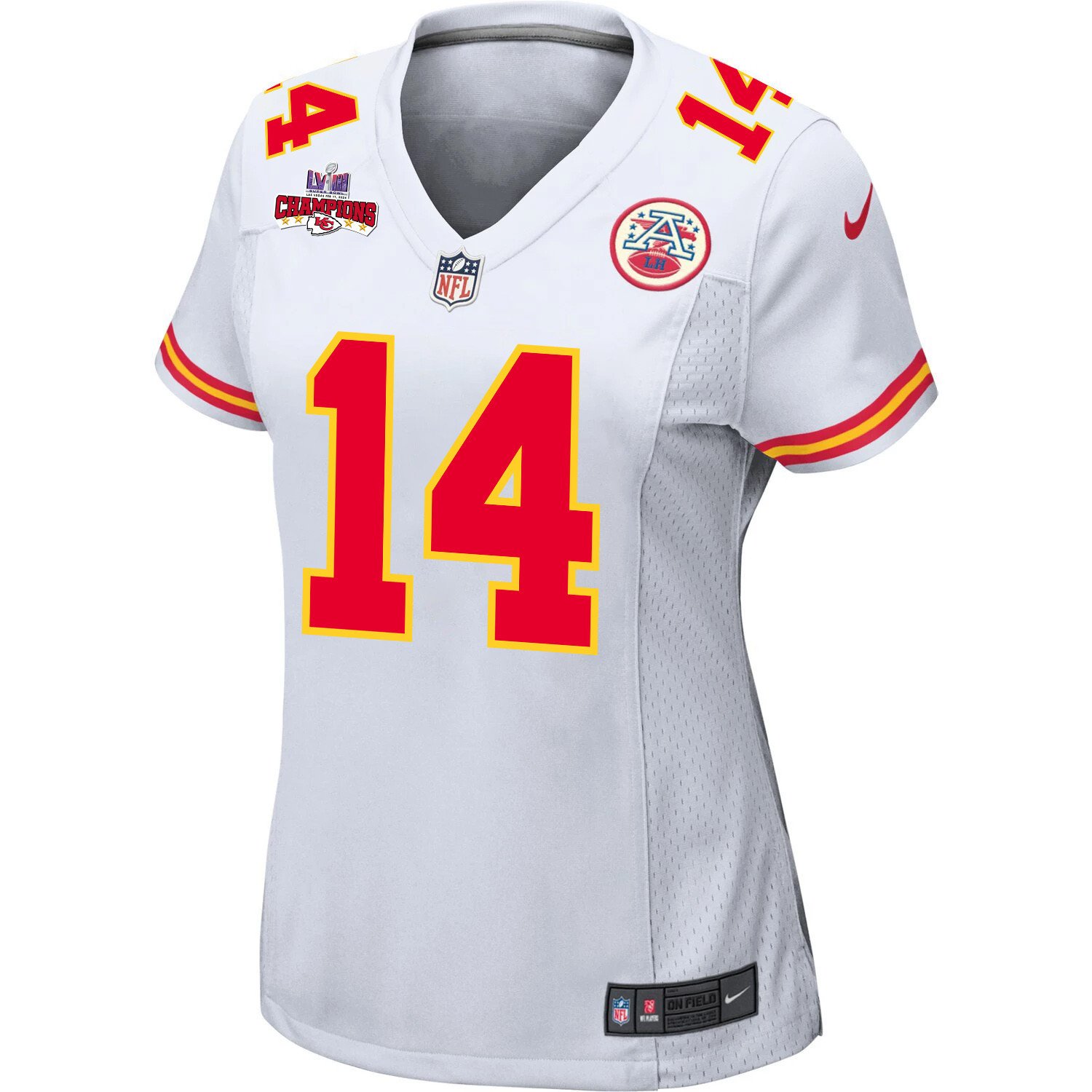 Alternative view of Cornell Powell #14 Kansas City Chiefs Super Bowl LVIII Champions 4 Stars Patch Game Jersey - Women's | White