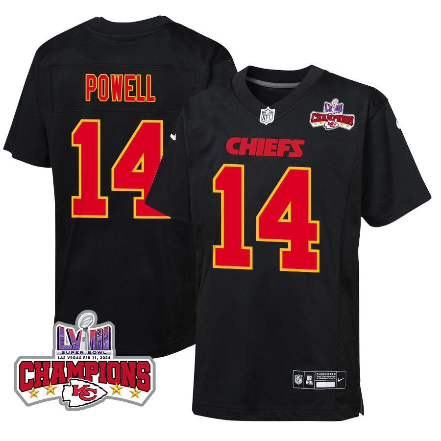 Cornell Powell #14 Kansas City Chiefs Super Bowl LVIII Champions 4 Stars Patch Game Jersey - Youth | Carbon Black