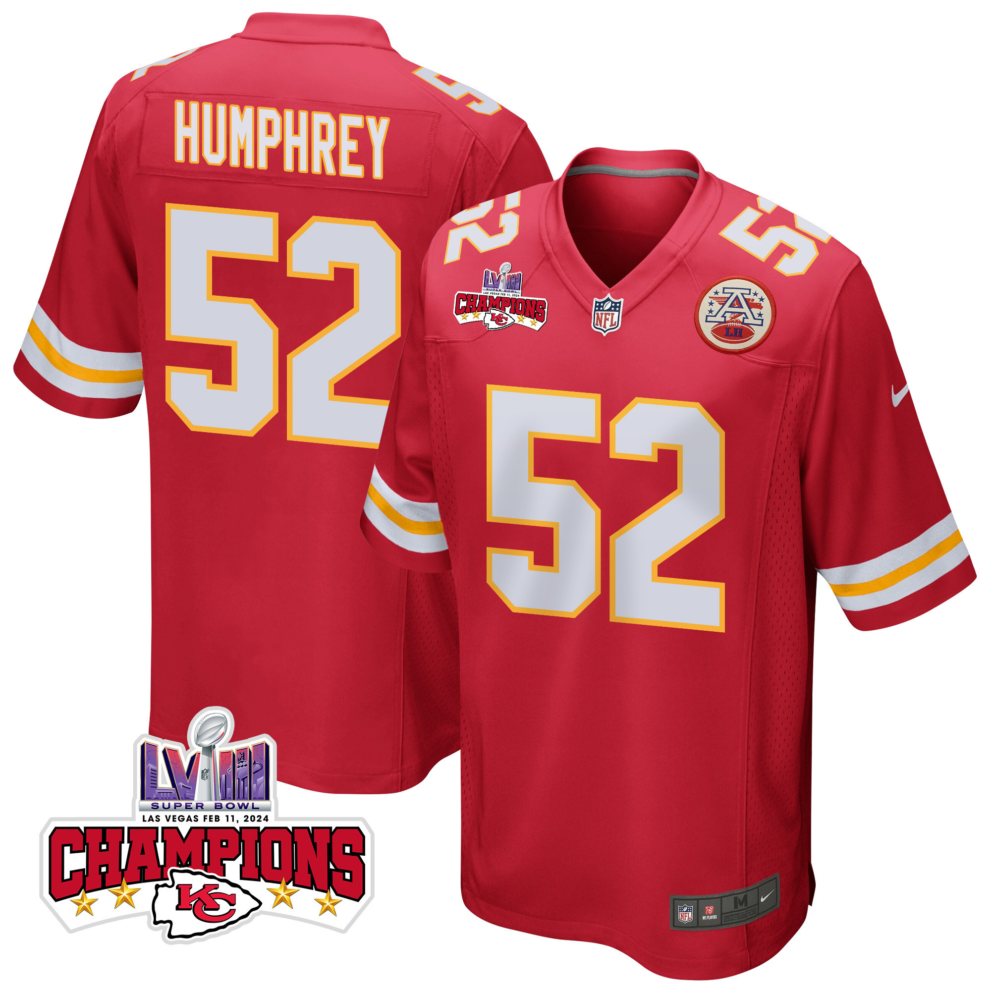 Creed Humphrey #52 Kansas City Chiefs Super Bowl LVIII Champions 4 Stars Patch Game Jersey - Men's | Red