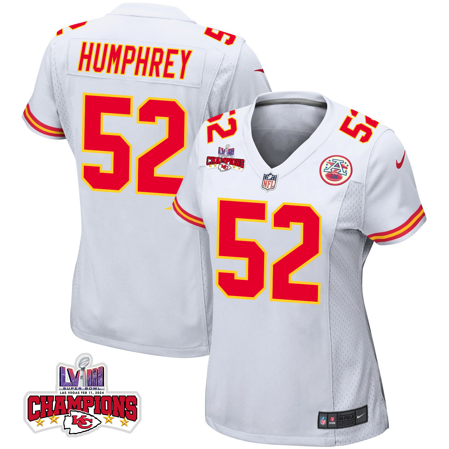 Creed Humphrey #52 Kansas City Chiefs Super Bowl LVIII Champions 4 Stars Patch Game Jersey - Women's | White