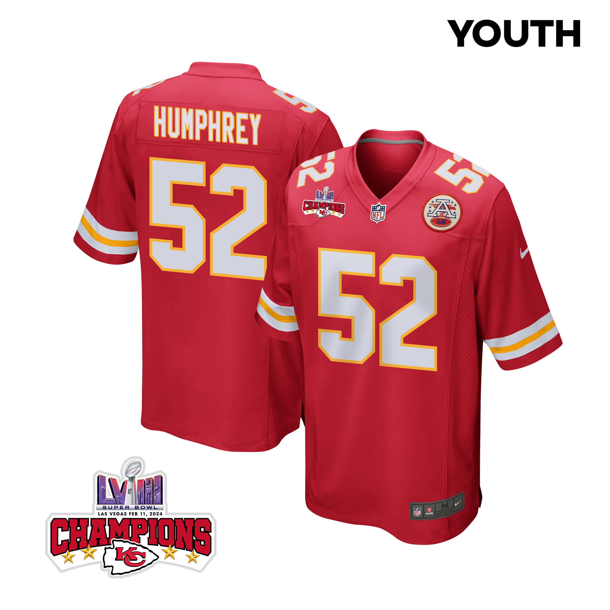 Creed Humphrey #52 Kansas City Chiefs Super Bowl LVIII Champions 4 Stars Patch Game Jersey - Youth | Red