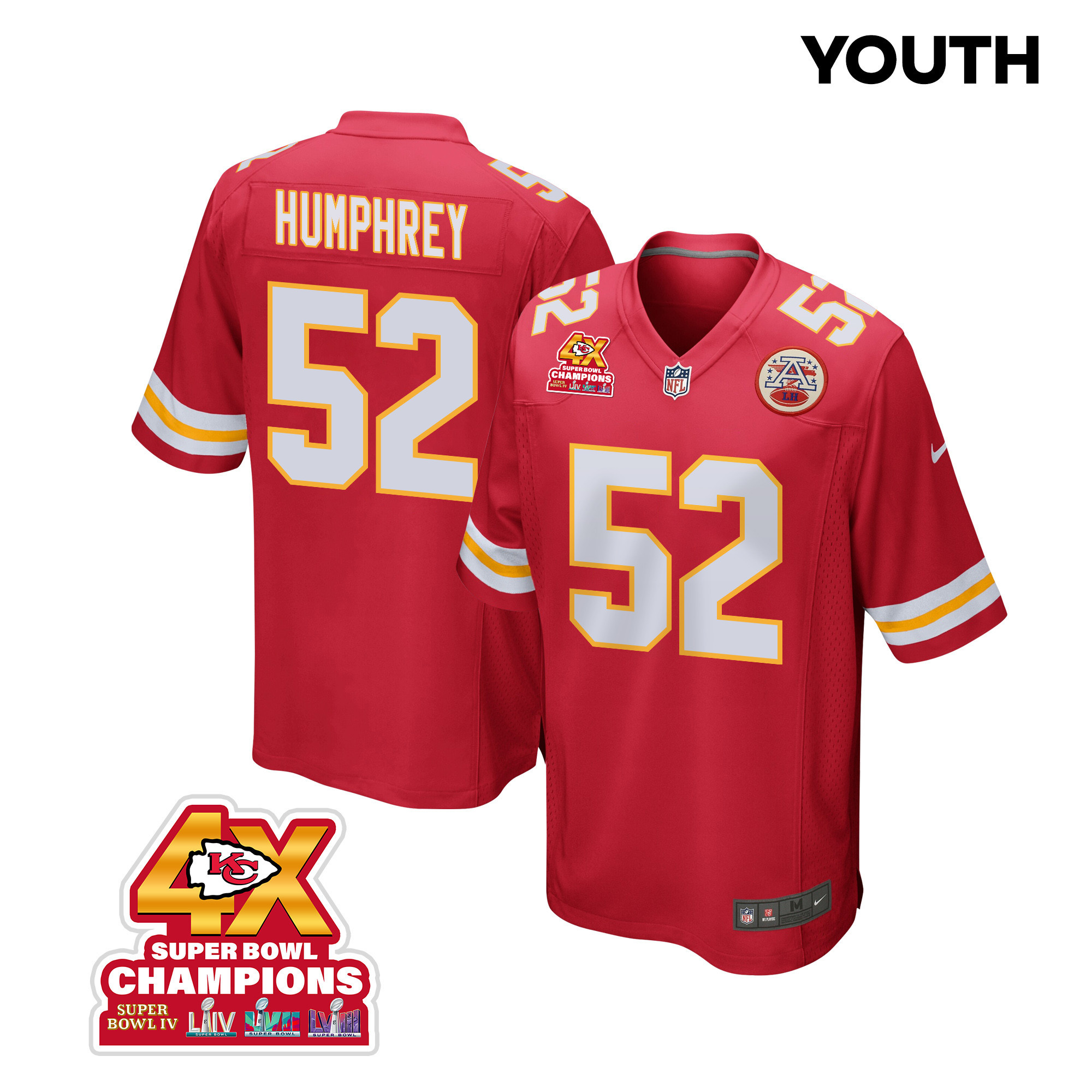 Creed Humphrey #52 Kansas City Chiefs Super Bowl LVIII Champions 4X Game Jersey - Youth | Red