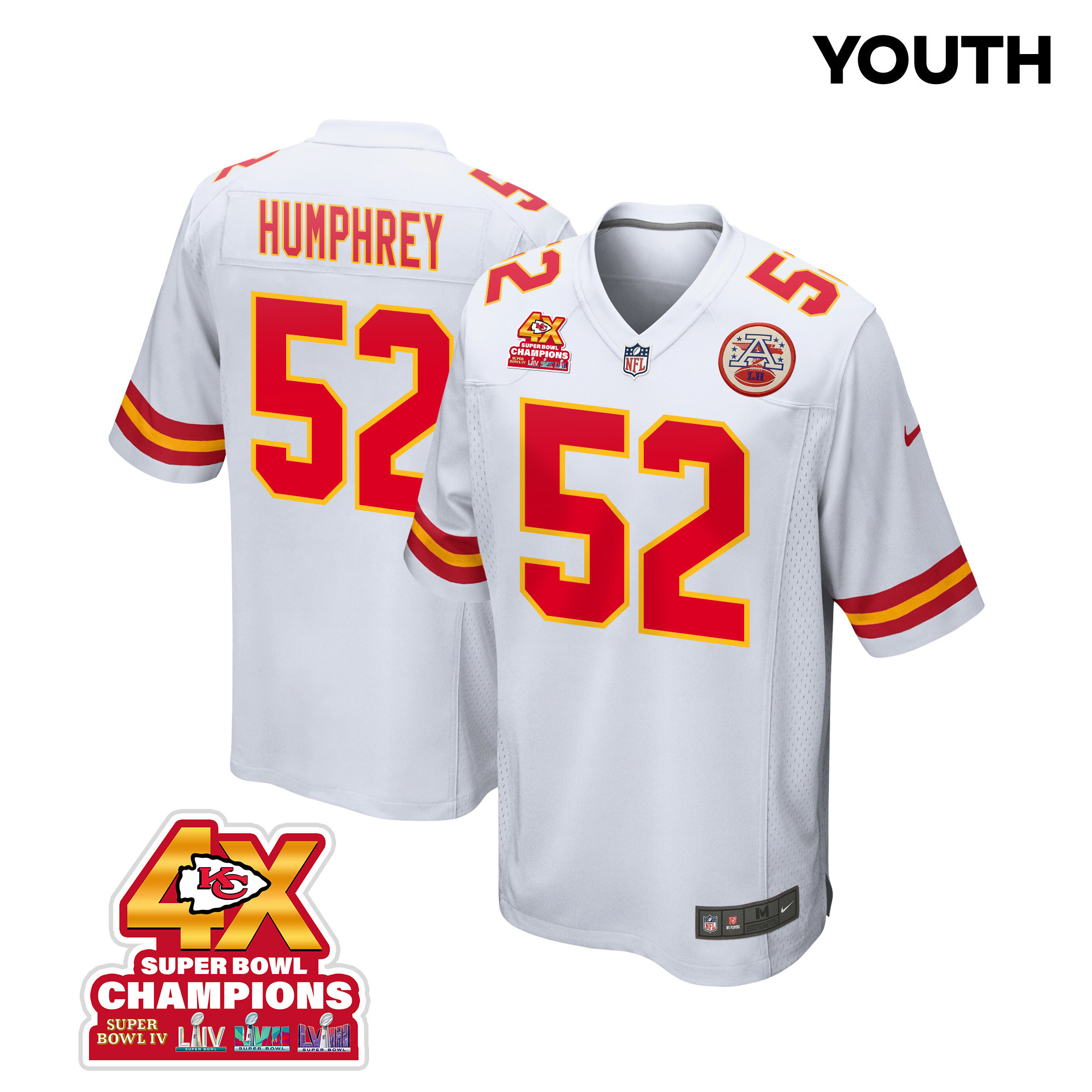 Creed Humphrey #52 Kansas City Chiefs Super Bowl LVIII Champions 4X Game Jersey - Youth | White