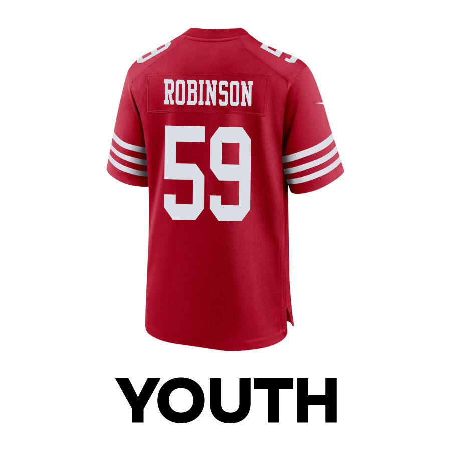 Curtis Robinson #59 San Francisco 49ers Super Bowl LVIII Patch Game Jersey - Youth | Scarlet - Image 3