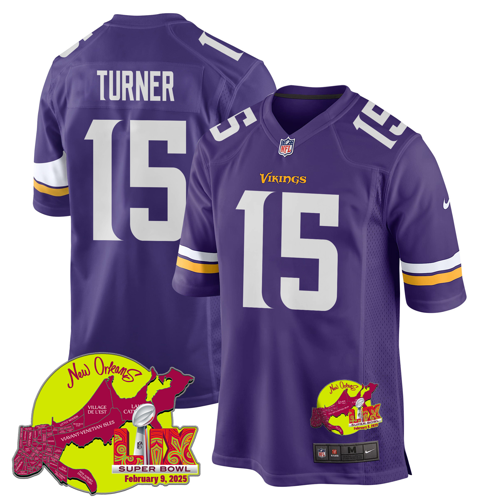 Dallas Turner #15 Minnesota Vikings Super Bowl LIX Game Jersey - Men's | Purple