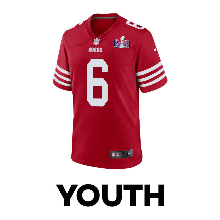 Alternative view of Danny Gray #6 San Francisco 49ers Super Bowl LVIII Patch Game Jersey - Youth | Scarlet