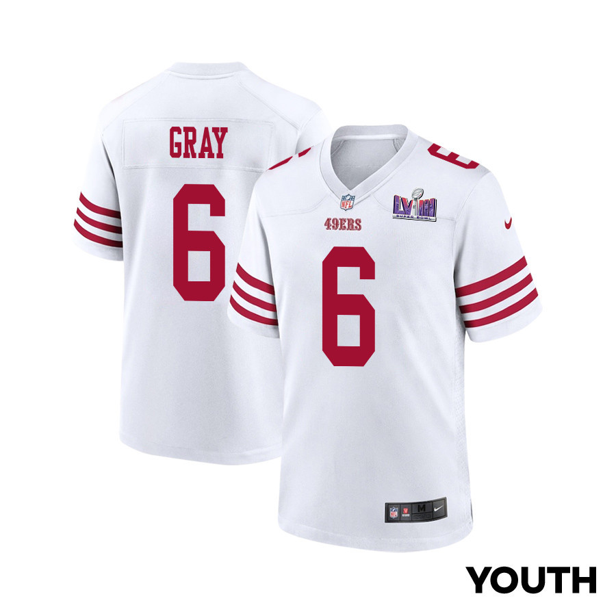 Danny Gray #6 San Francisco 49ers Super Bowl LVIII Patch Game Jersey - Youth | White