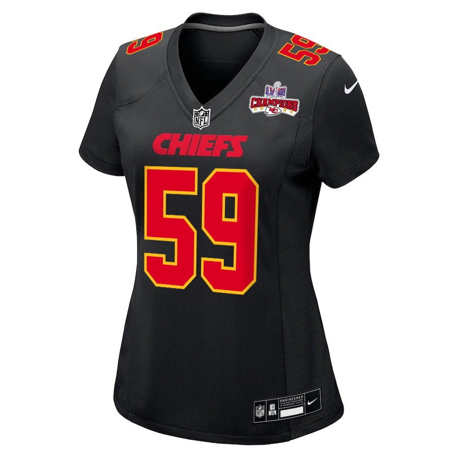 Alternative view of Darius Harris #59 Kansas City Chiefs Super Bowl LVIII Champions 4 Stars Patch Game Jersey - Women's | Carbon Black