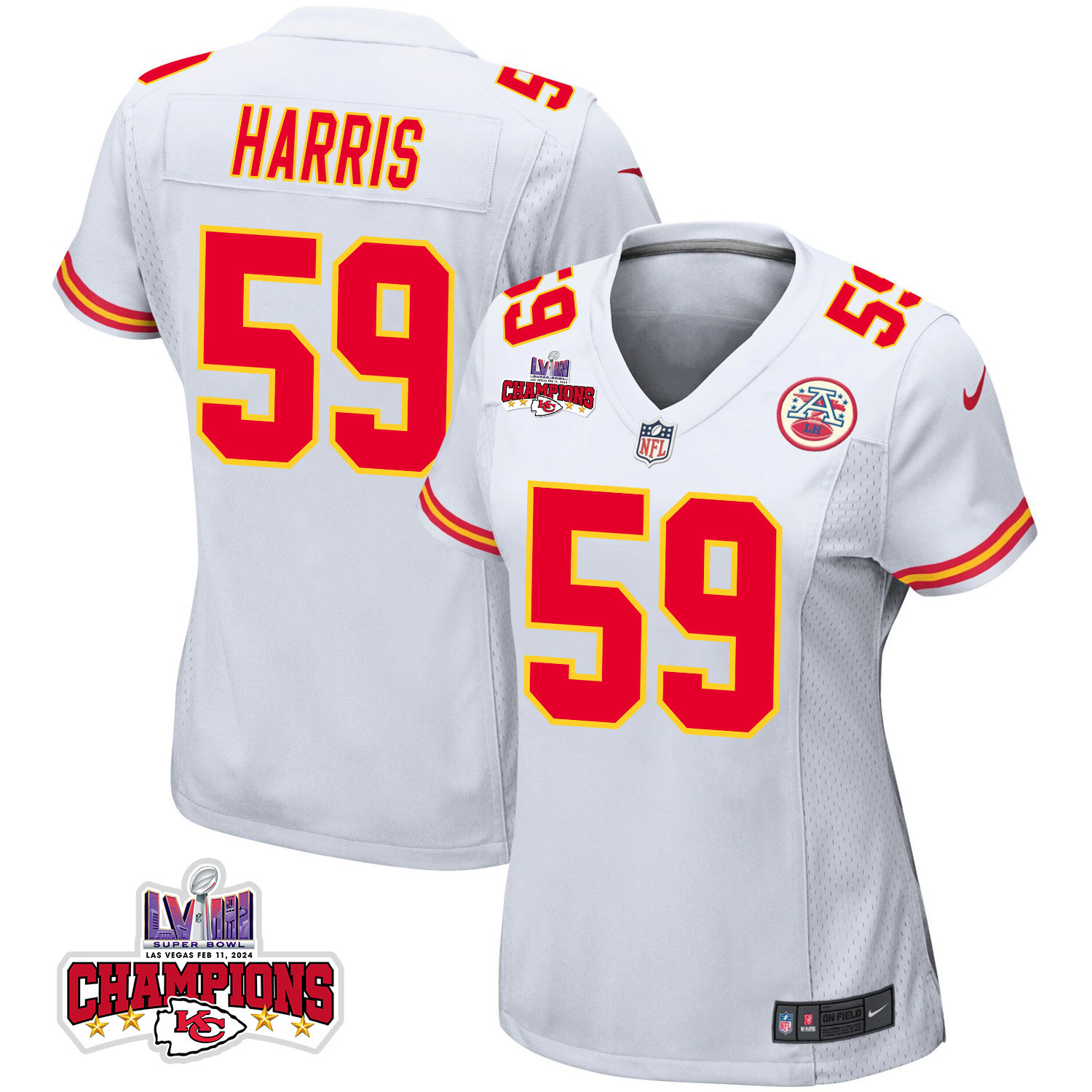 Darius Harris #59 Kansas City Chiefs Super Bowl LVIII Champions 4 Stars Patch Game Jersey - Women's | White