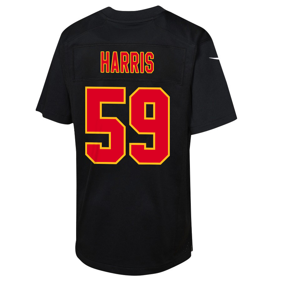 Darius Harris #59 Kansas City Chiefs Super Bowl LVIII Champions 4 Stars Patch Game Jersey - Youth | Carbon Black - Image 3