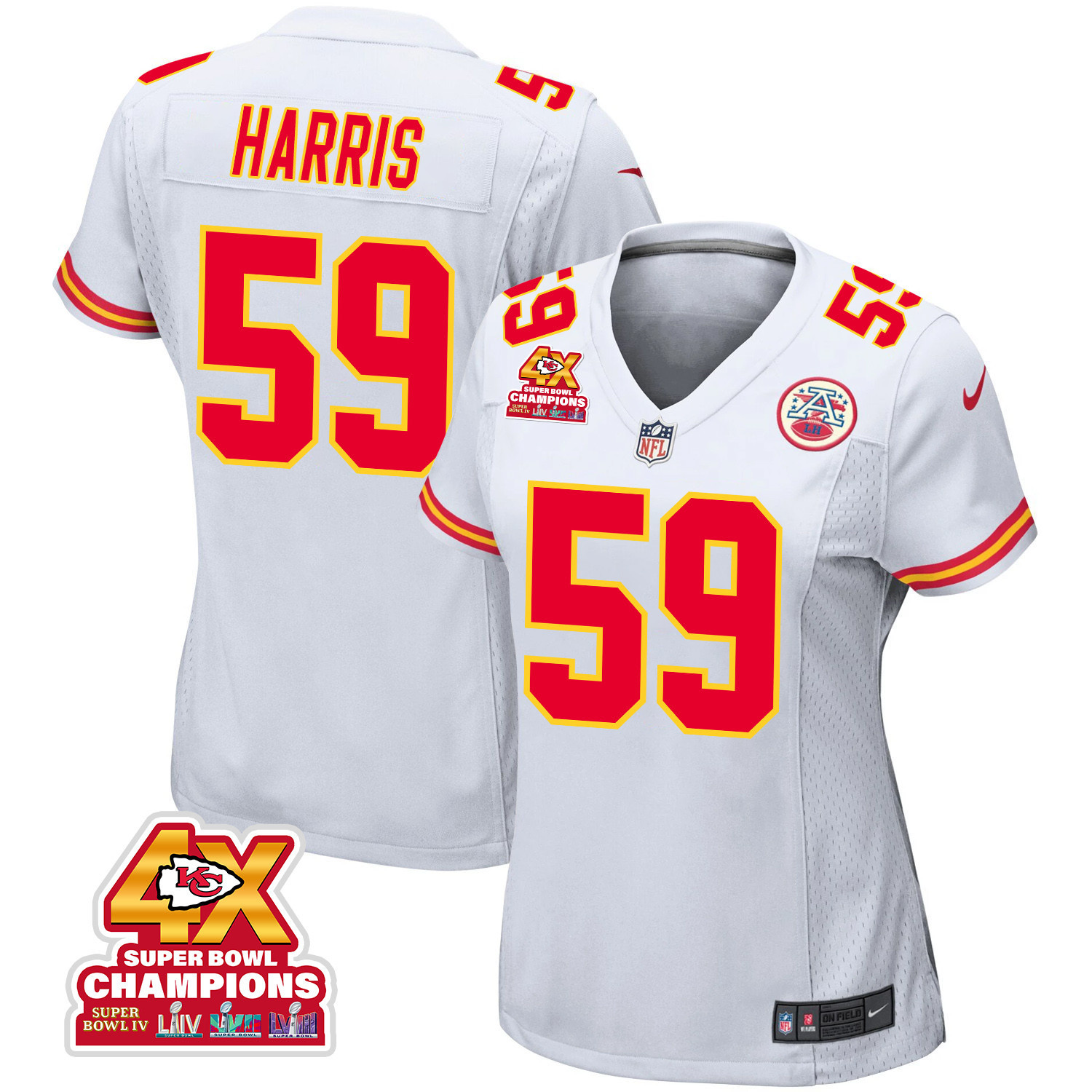 Darius Harris #59 Kansas City Chiefs Super Bowl LVIII Champions 4X Game Jersey - Women's | White