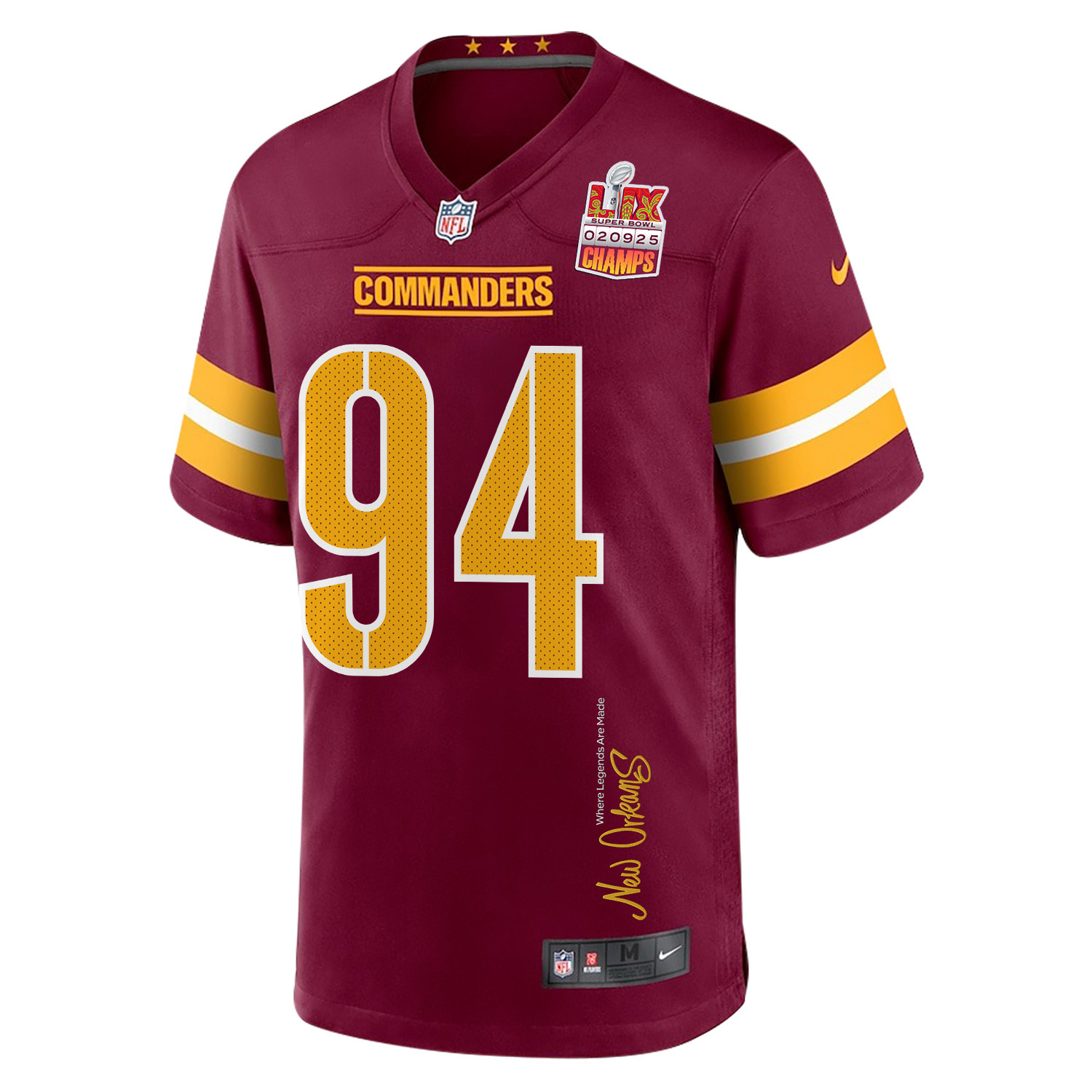 Daron Payne #94 Washington Commanders Super Bowl LIX Champions Patch Legend Jersey - Men's | Burgundy - Image 3