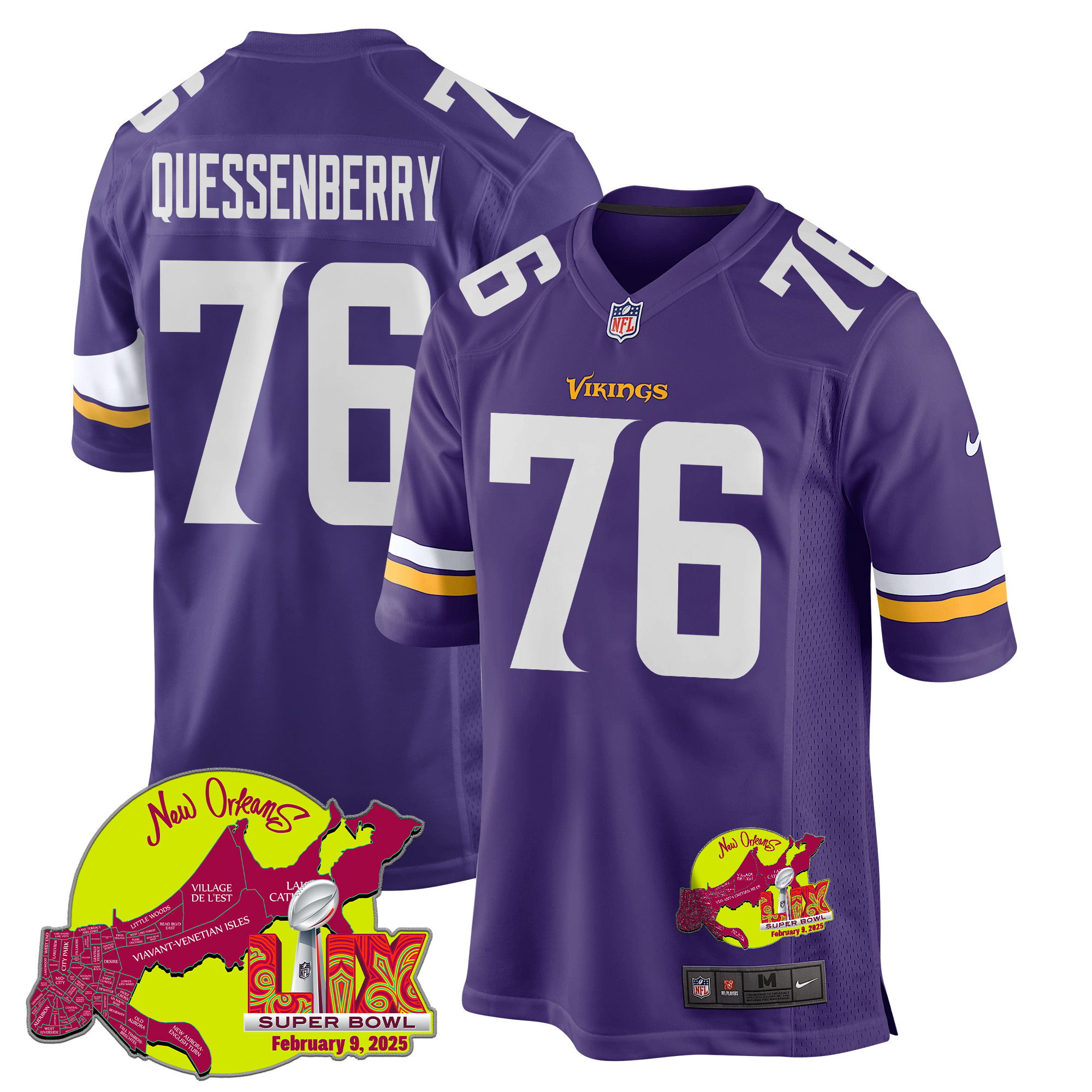 David Quessenberry #76 Minnesota Vikings Super Bowl LIX Game Jersey - Men's | Purple