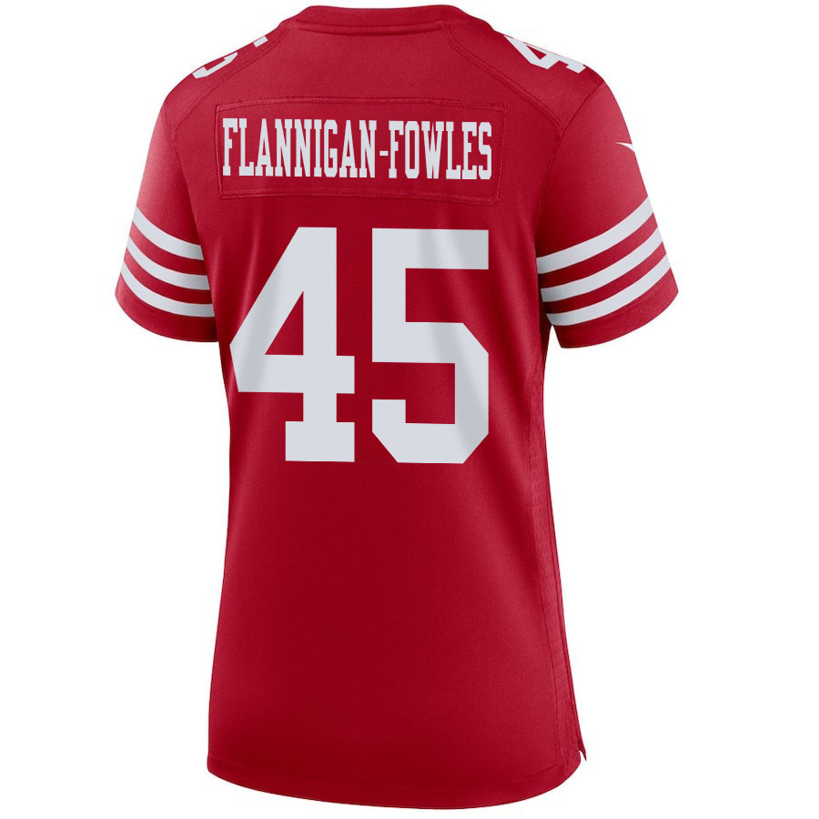 Demetrius Flannigan-Fowles #45 San Francisco 49ers Super Bowl LVIII Patch Game Jersey - Women's | Scarlet - Image 3