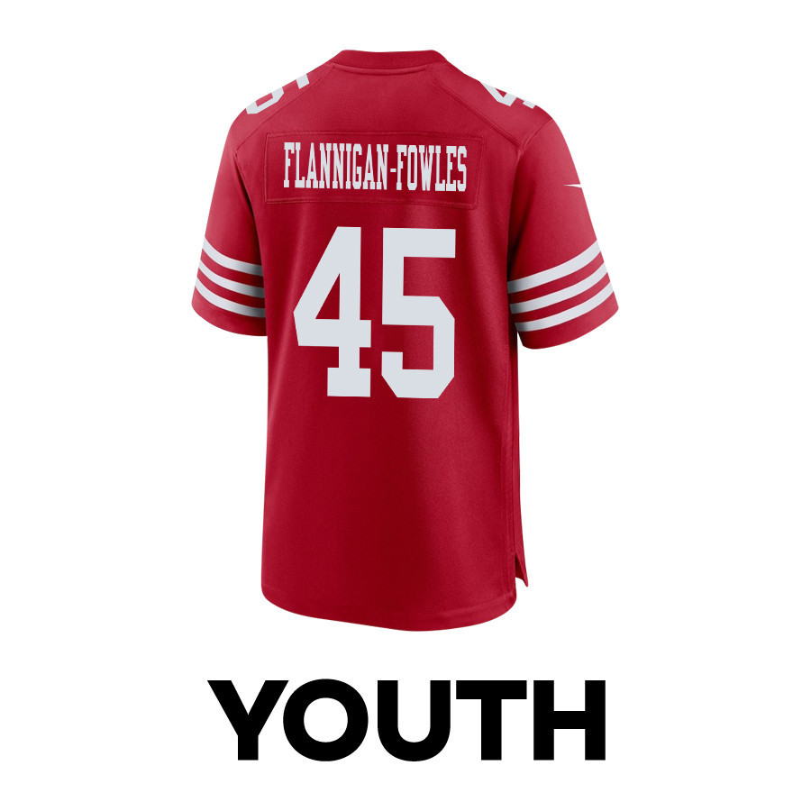 Demetrius Flannigan-Fowles #45 San Francisco 49ers Super Bowl LVIII Patch Game Jersey - Youth | Scarlet - Image 3