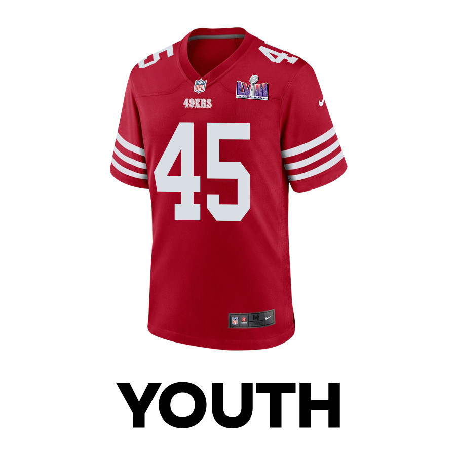 Alternative view of Demetrius Flannigan-Fowles #45 San Francisco 49ers Super Bowl LVIII Patch Game Jersey - Youth | Scarlet