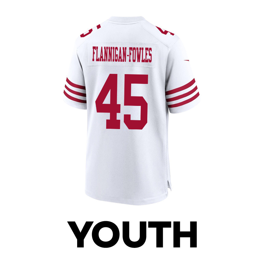 Demetrius Flannigan-Fowles #45 San Francisco 49ers Super Bowl LVIII Patch Game Jersey - Youth | White - Image 3