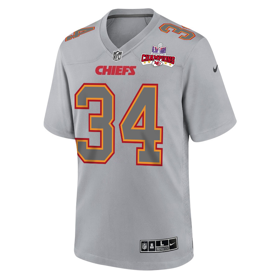Alternative view of Deneric Prince #34 Kansas City Chiefs Super Bowl LVIII Champions 4 Stars Patch Game Jersey - Men's | Gray