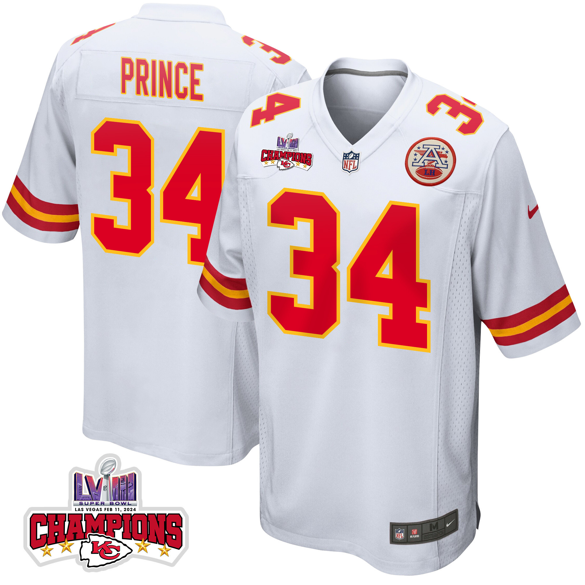Deneric Prince #34 Kansas City Chiefs Super Bowl LVIII Champions 4 Stars Patch Game Jersey - Men's | White